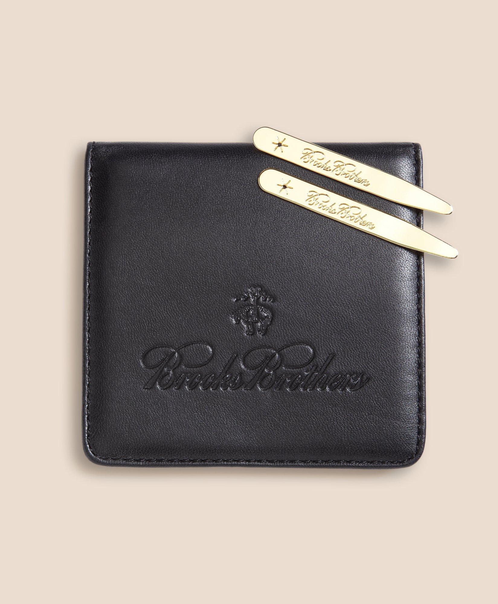 Brooks Brothers Metallic Collar Stays With Nappa Leather Case | Gold