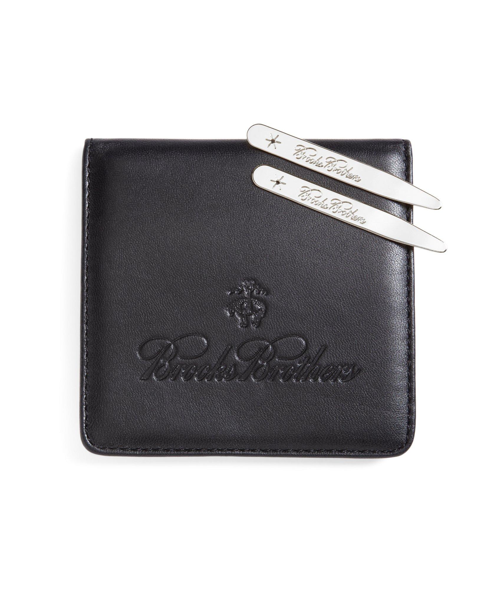 Brooks Brothers Metallic Collar Stays With Nappa Leather Case | Silver