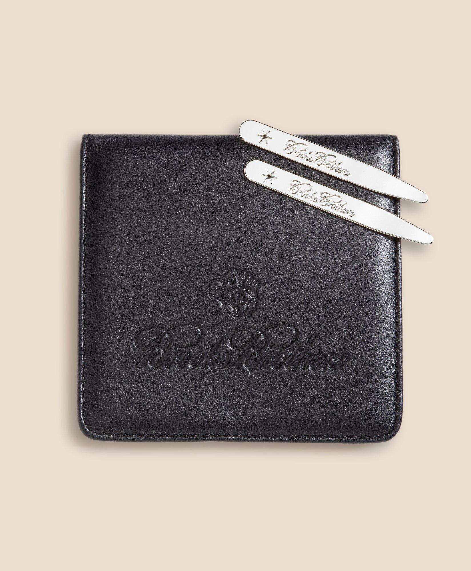 Brooks Brothers Metallic Collar Stays With Nappa Leather Case | Silver