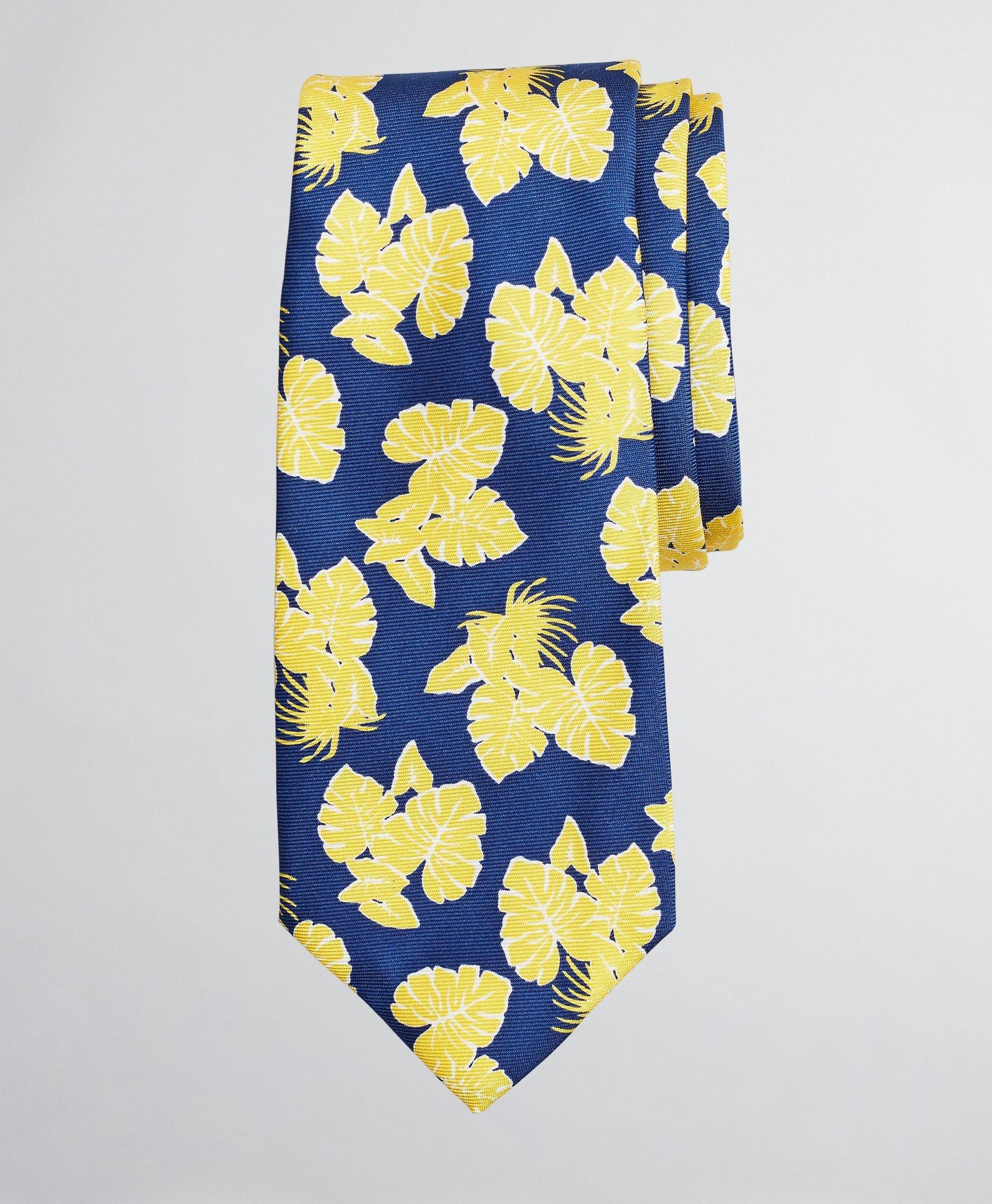 Brooks Brothers Kids'  Boys Palm Leaf Print Tie | Navy/yellow | Size Regular In Navy,yellow