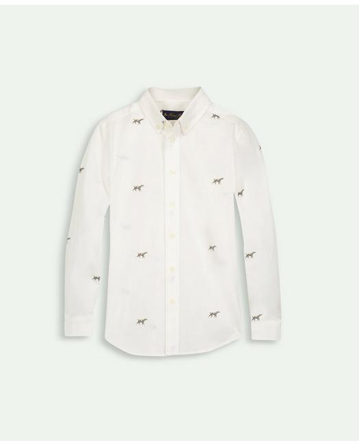 Brooks Brothers Kids'  Boys Cotton Poplin Dog Print Sport Shirt | White | Size 10