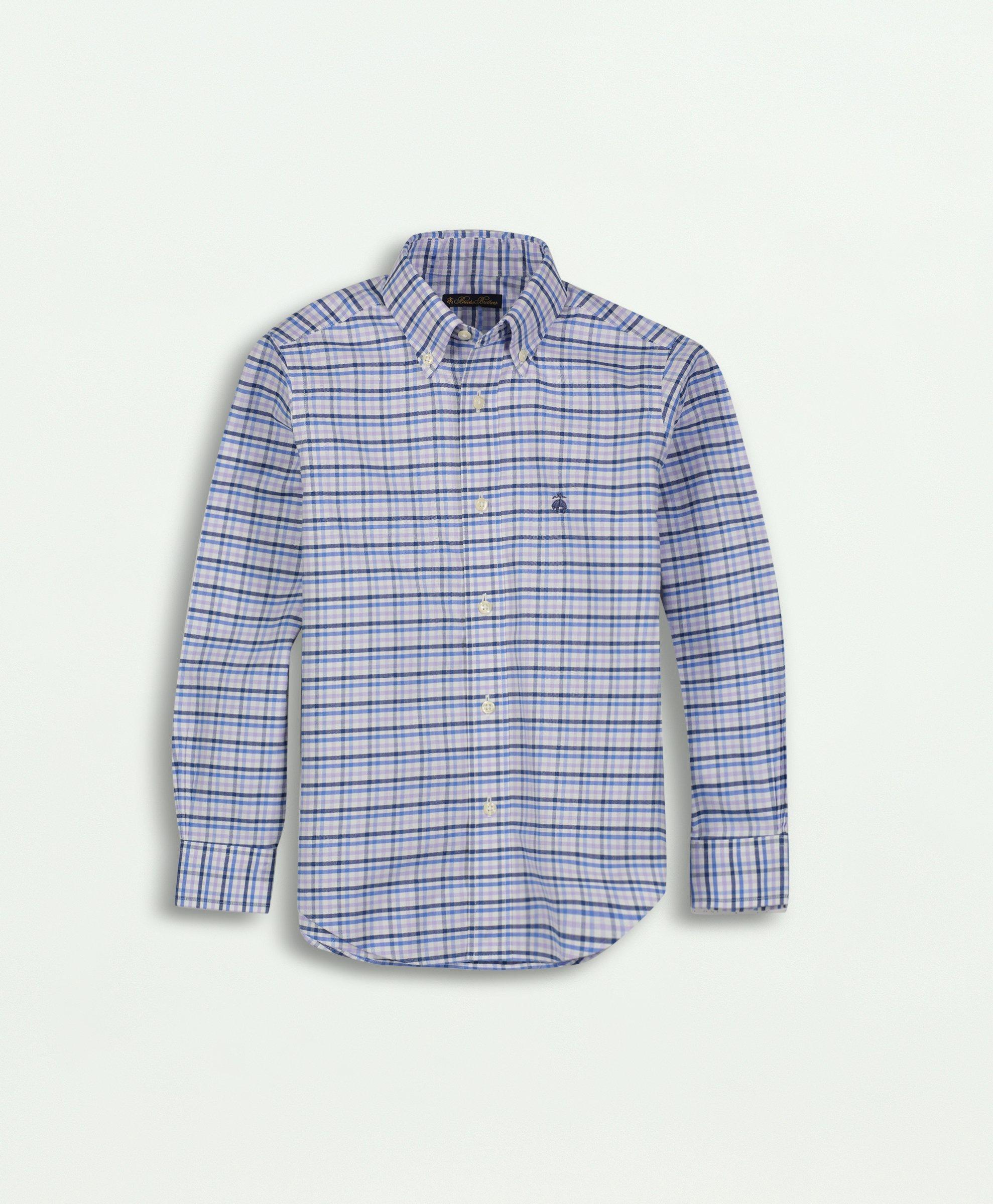 Shop Brooks Brothers Boys Non-iron Stretch Cotton Oxford Multicolored Plaid Sport Shirt | Lavender | Size