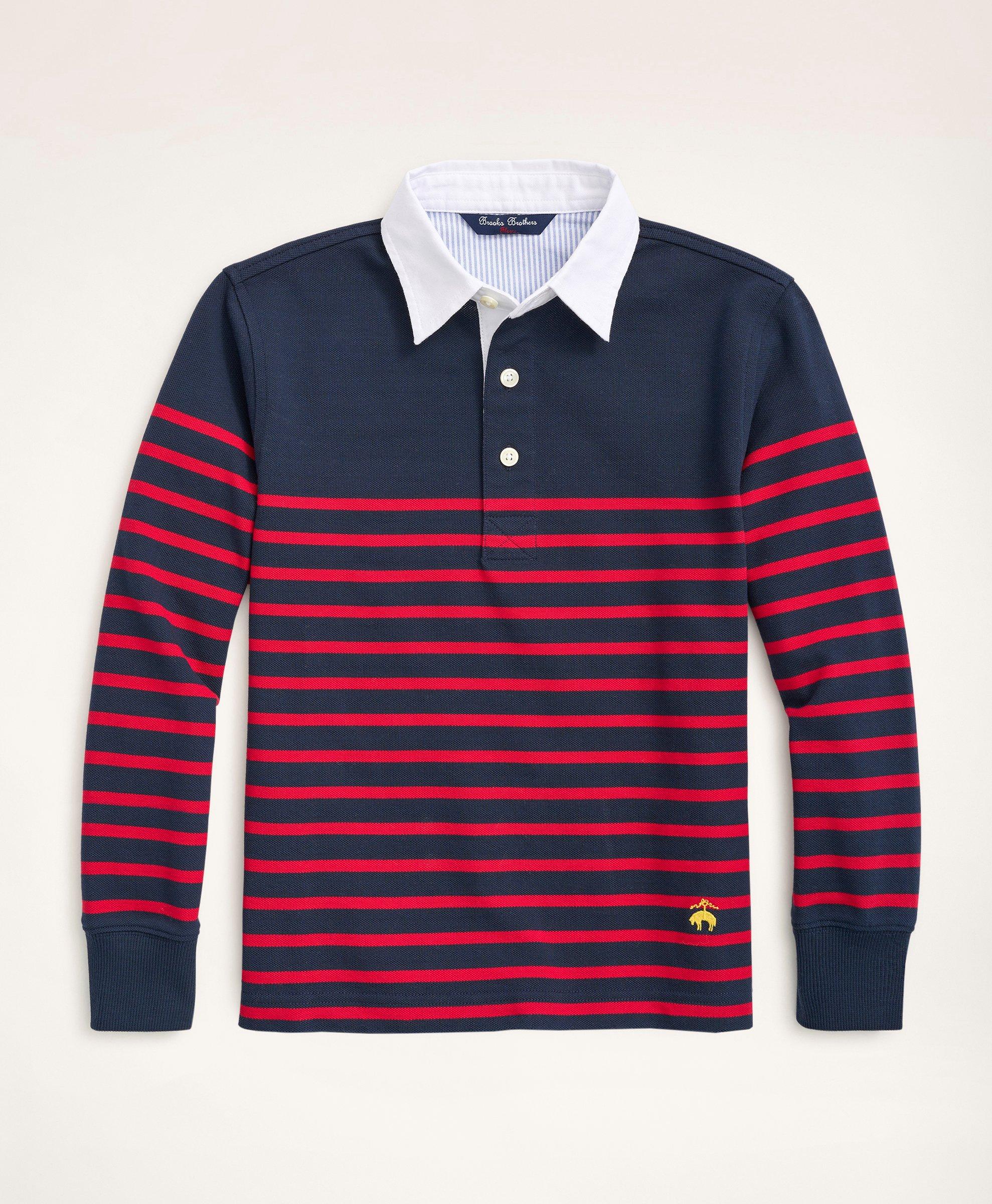 Brooks Brothers Kids'  Boys Supima Cotton Pique Mariner Stripe Long-sleeve Polo Shirt | Navy | Size Large