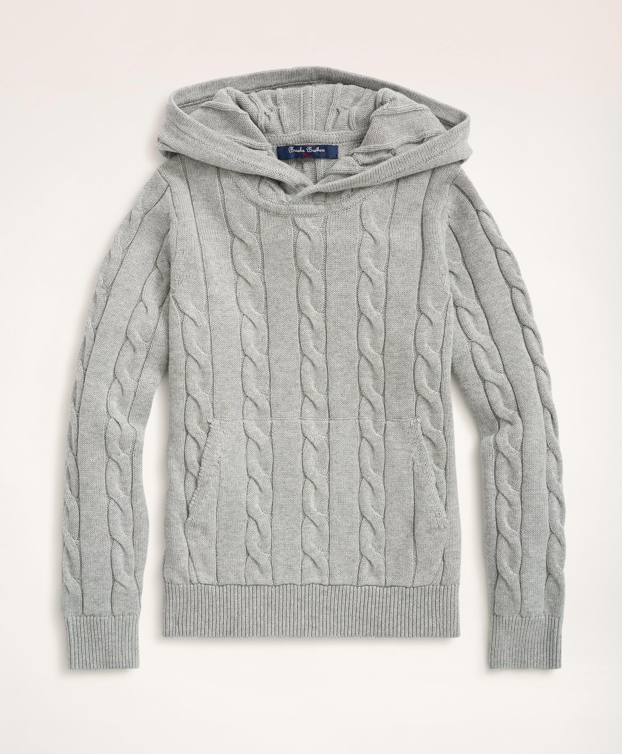 Brooks Brothers Kids'  Boys Cotton Cable-knit Hoodie Sweater | Light Grey Heather | Size Small