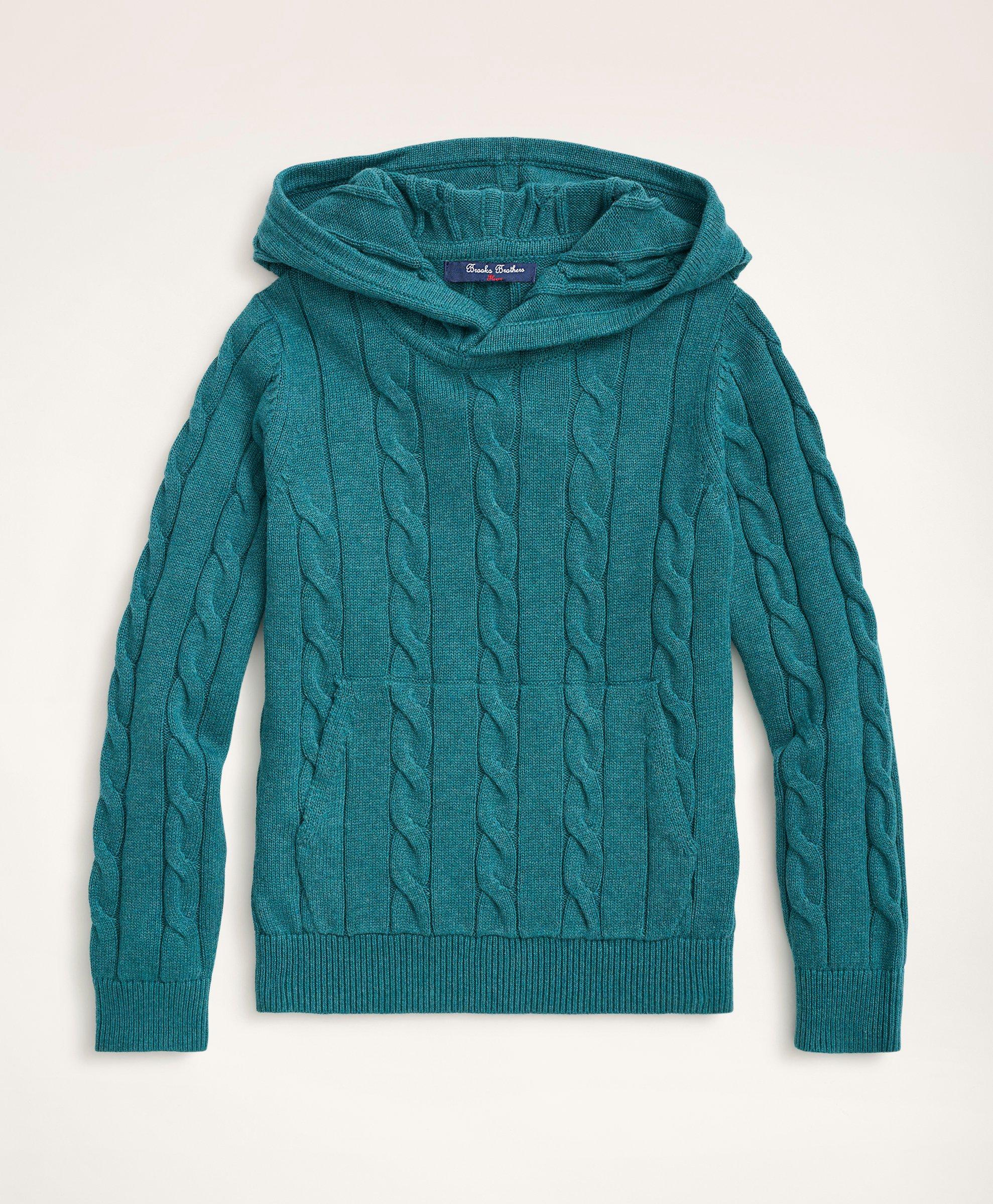 Brooks Brothers Kids'  Boys Cotton Cable-knit Hoodie Sweater | Teal Heather | Size Large