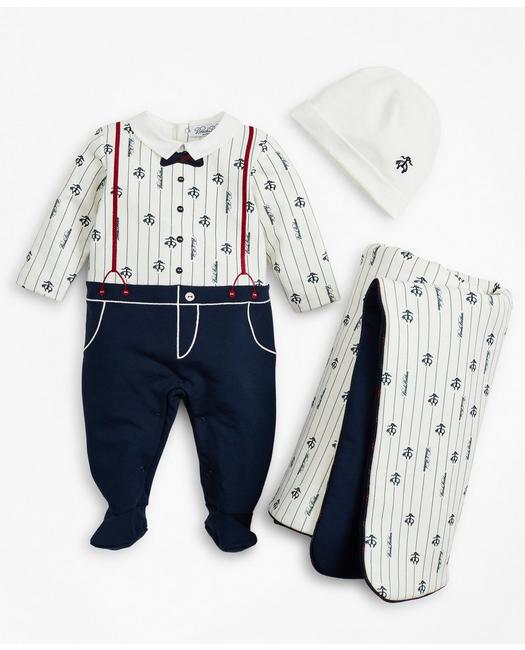 Brooks Brothers Babies'  Boys Pinstripes & Suspenders Stretch Cotton Footie, Hat & Blanket Set - 6 Months | W In White