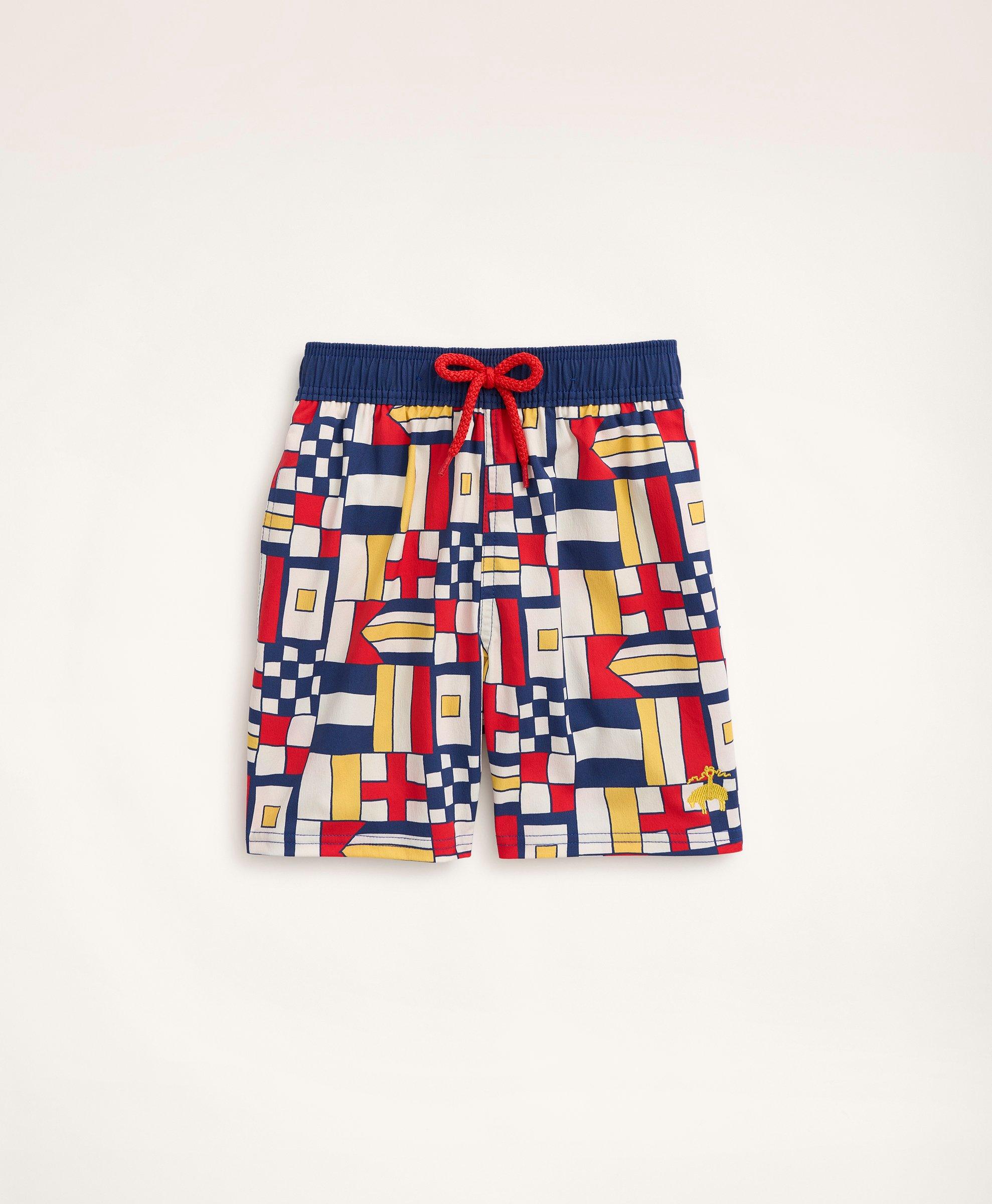 Brooks Brothers Kids'  Boys Et Vilebrequin Swim Trunks In The Mixed Signals Print | Navy | Size 6