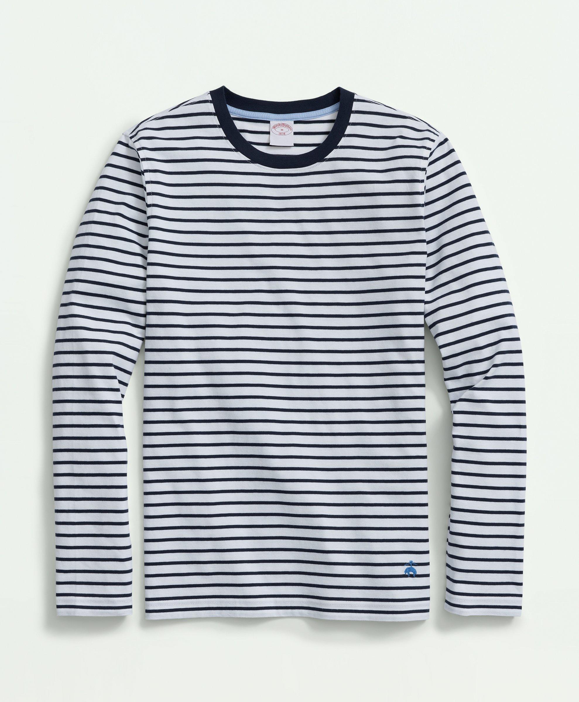 Brooks Brothers Cotton Crewneck Striped Long-sleeve T-shirt | White/navy | Size 2xl In White,navy