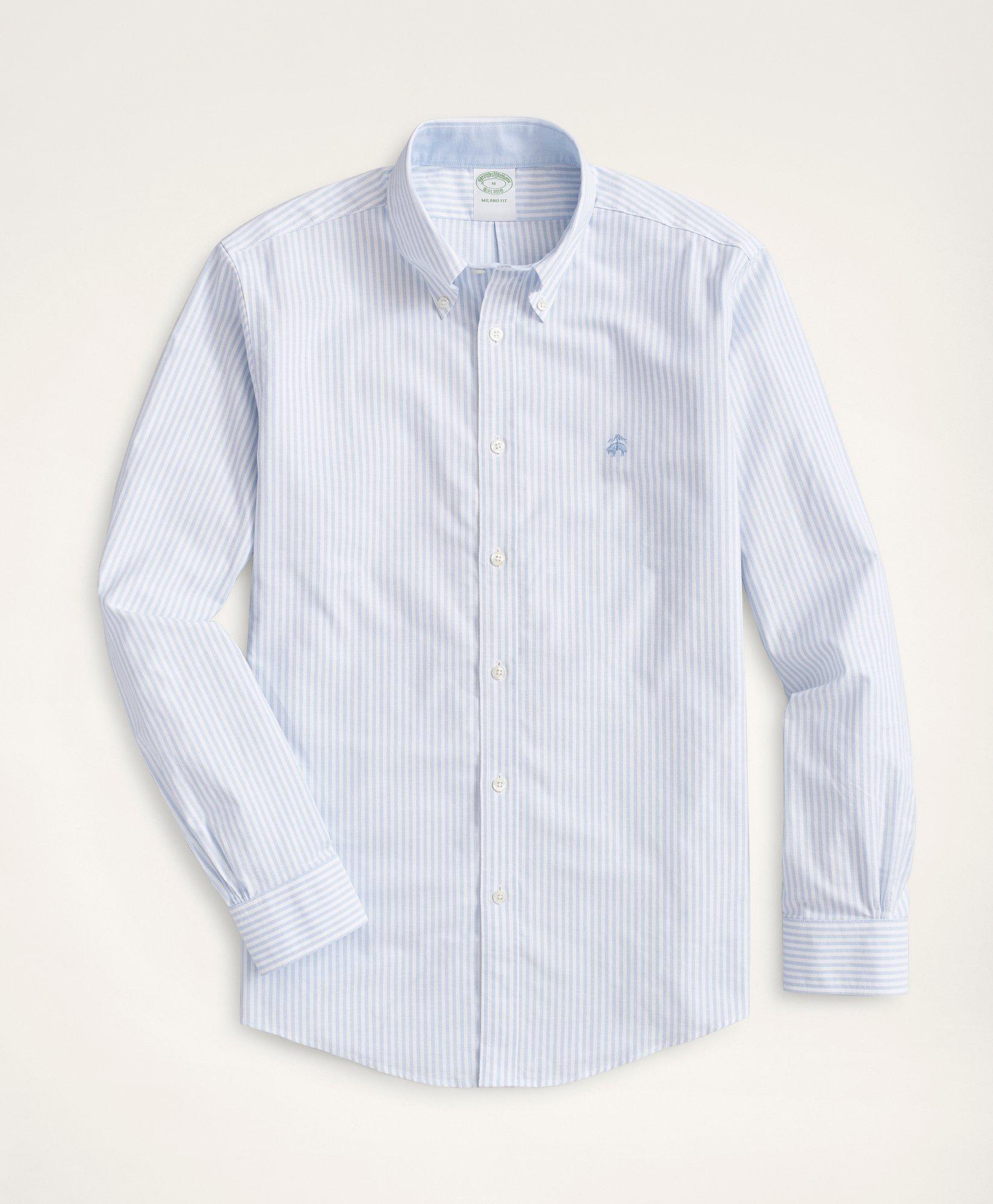Brooks Brothers Stretch Milano Slim-fit Sport Shirt, Non-iron Bengal Stripe Oxford | Light Blue | Size Xs
