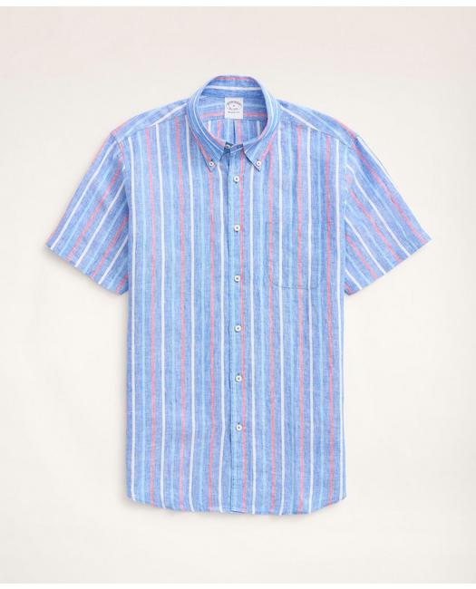 Brooks Brothers Regent Regular-fit Short-sleeve Stripe Linen Sport Shirt | Blue | Size Xs