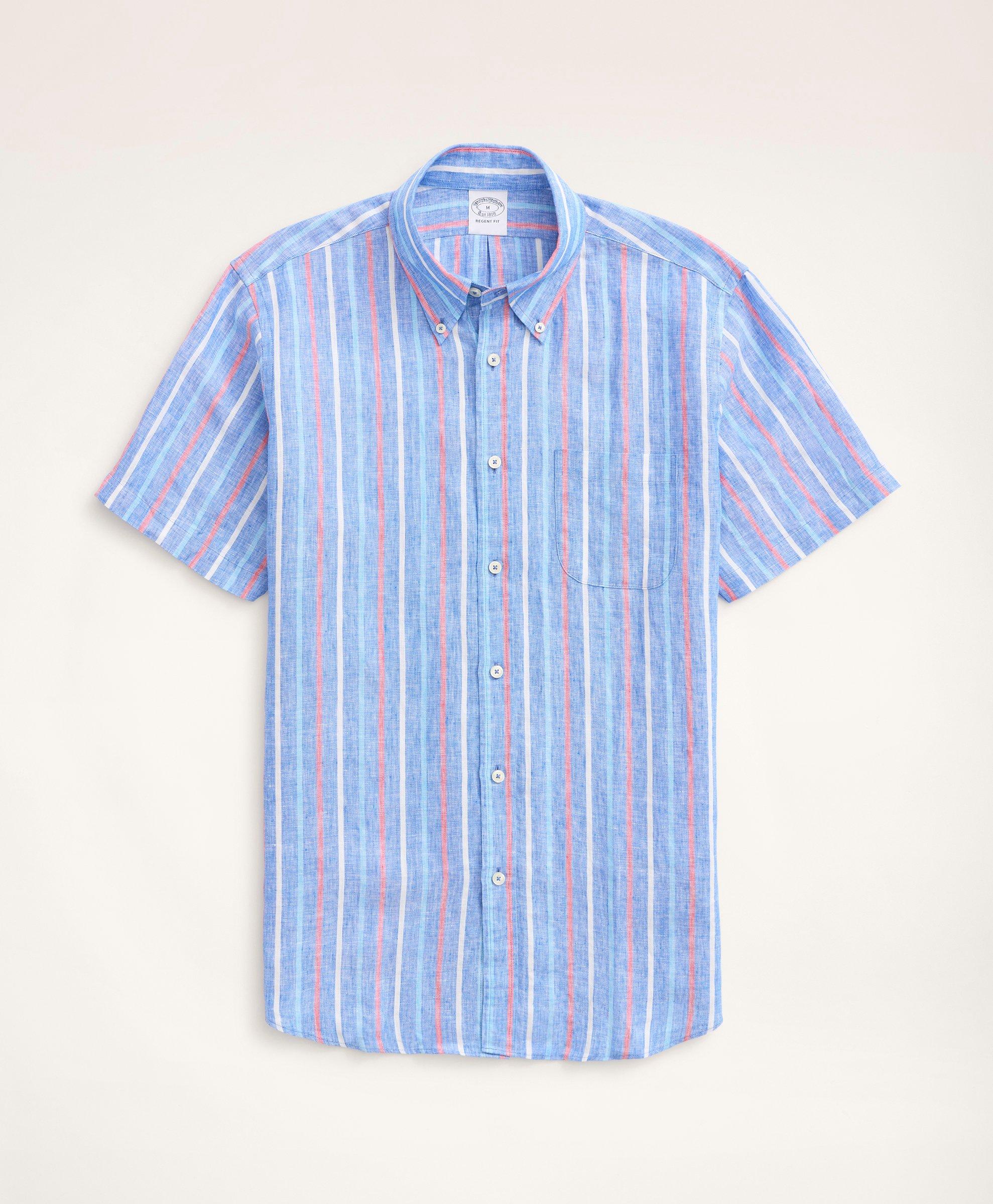 Brooks Brothers Regent Regular-fit Short-sleeve Stripe Linen Sport Shirt | Blue | Size Xs
