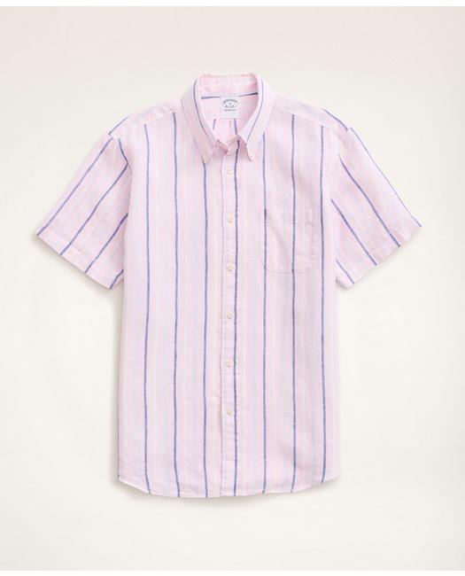 Brooks Brothers Regent Regular-fit Short-sleeve Stripe Linen Sport Shirt | Pink | Size Xs