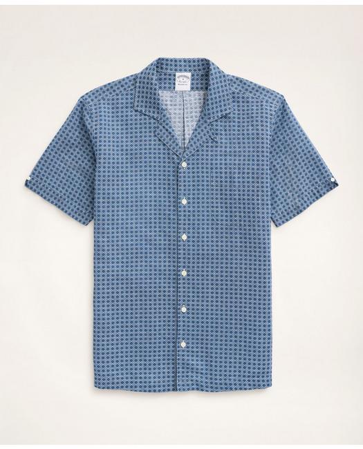 Brooks Brothers Regent Regular-fit Short-sleeve Cane Print Linen Sport Shirt | Dark Blue | Size Xs