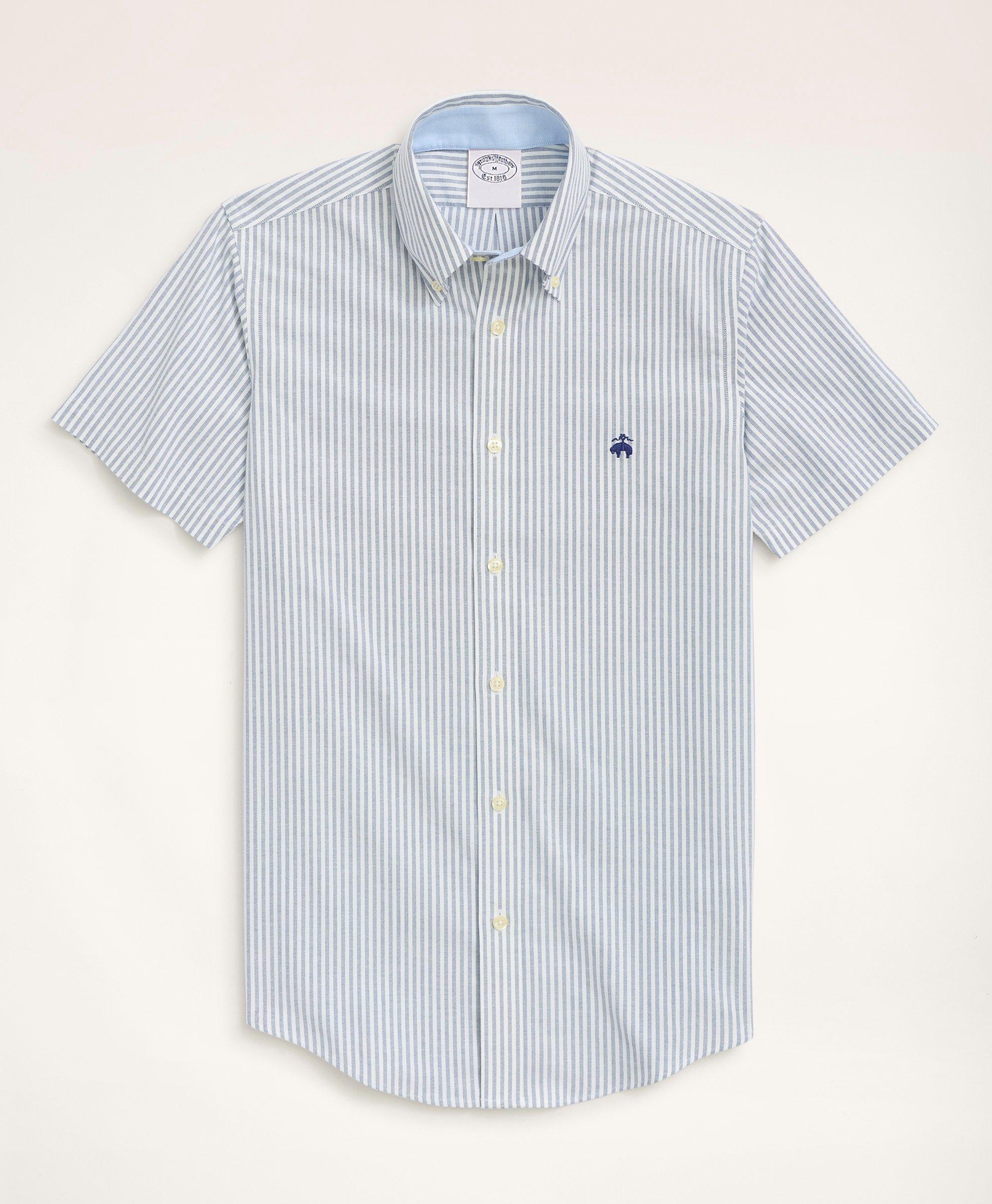 Brooks Brothers Stretch Regent Regular-fit Sport Shirt, Non-iron Short-sleeve Bengal Stripe Oxford | Sodalite | Size