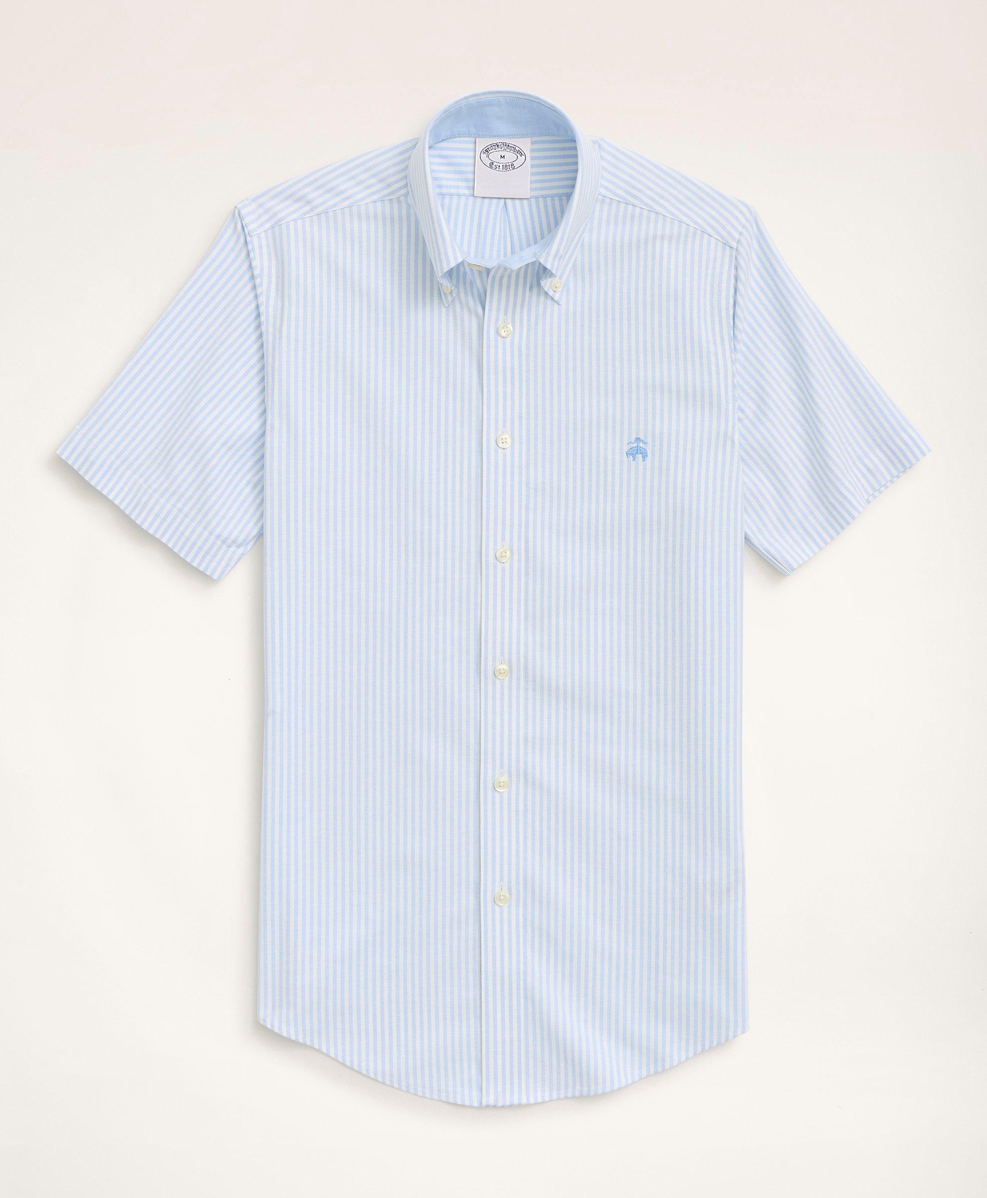 Brooks Brothers Stretch Regent Regular-fit Sport Shirt, Non-iron Short-sleeve Bengal Stripe Oxford | Vista Blue | Si