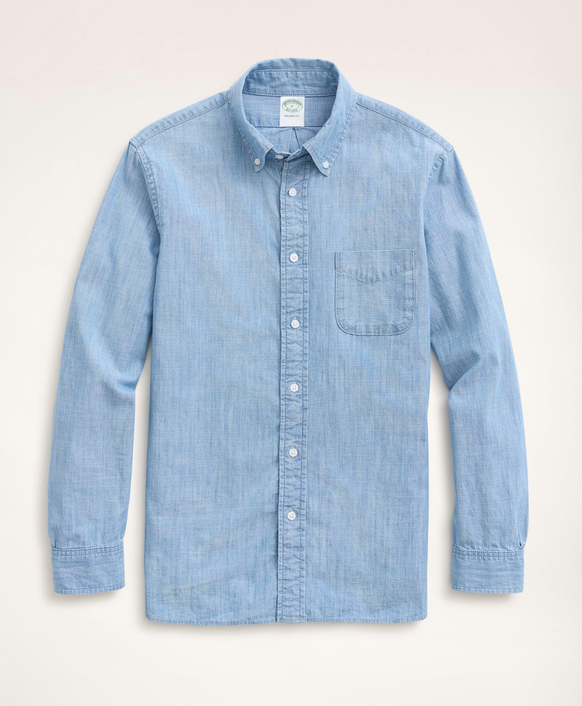 Chambray Cotton Poplin Polo Button Down Collar, Sport Shirt