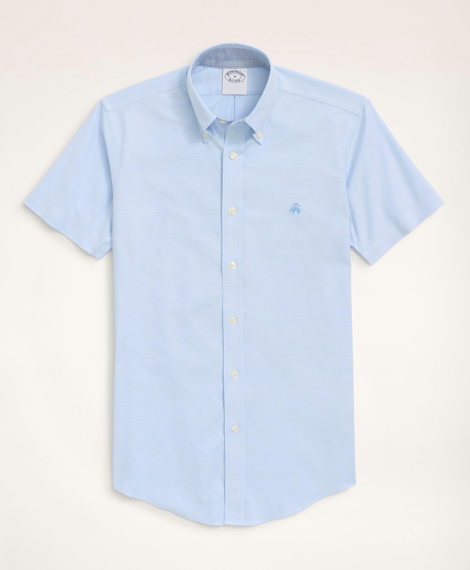 Brooks Brothers Stretch Non-iron Oxford Button-down Collar Short-sleeve Sport Shirt In Light Blue