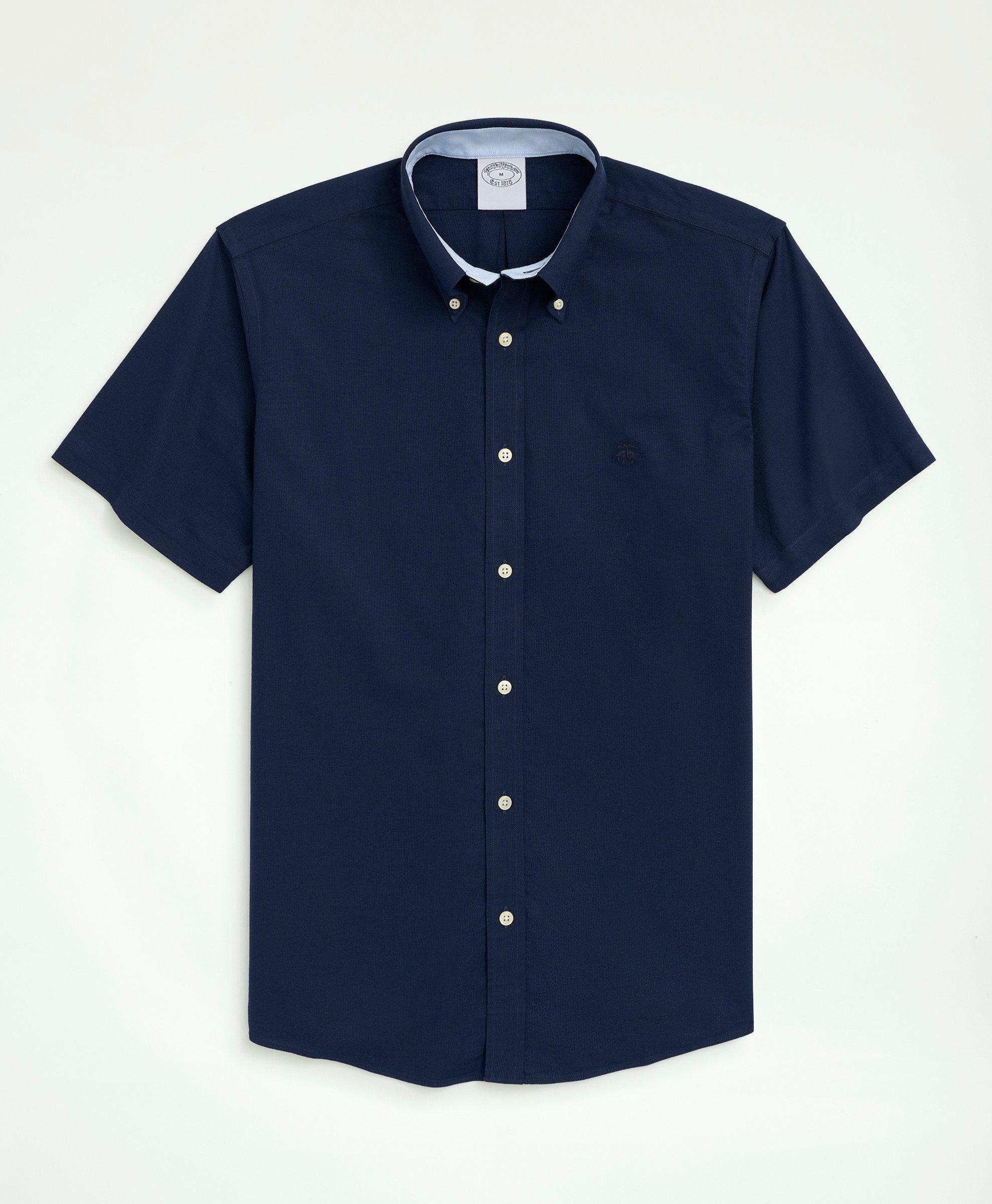 Brooks Brothers Stretch Non-iron Oxford Button-down Collar Short-sleeve Sport Shirt In Navy