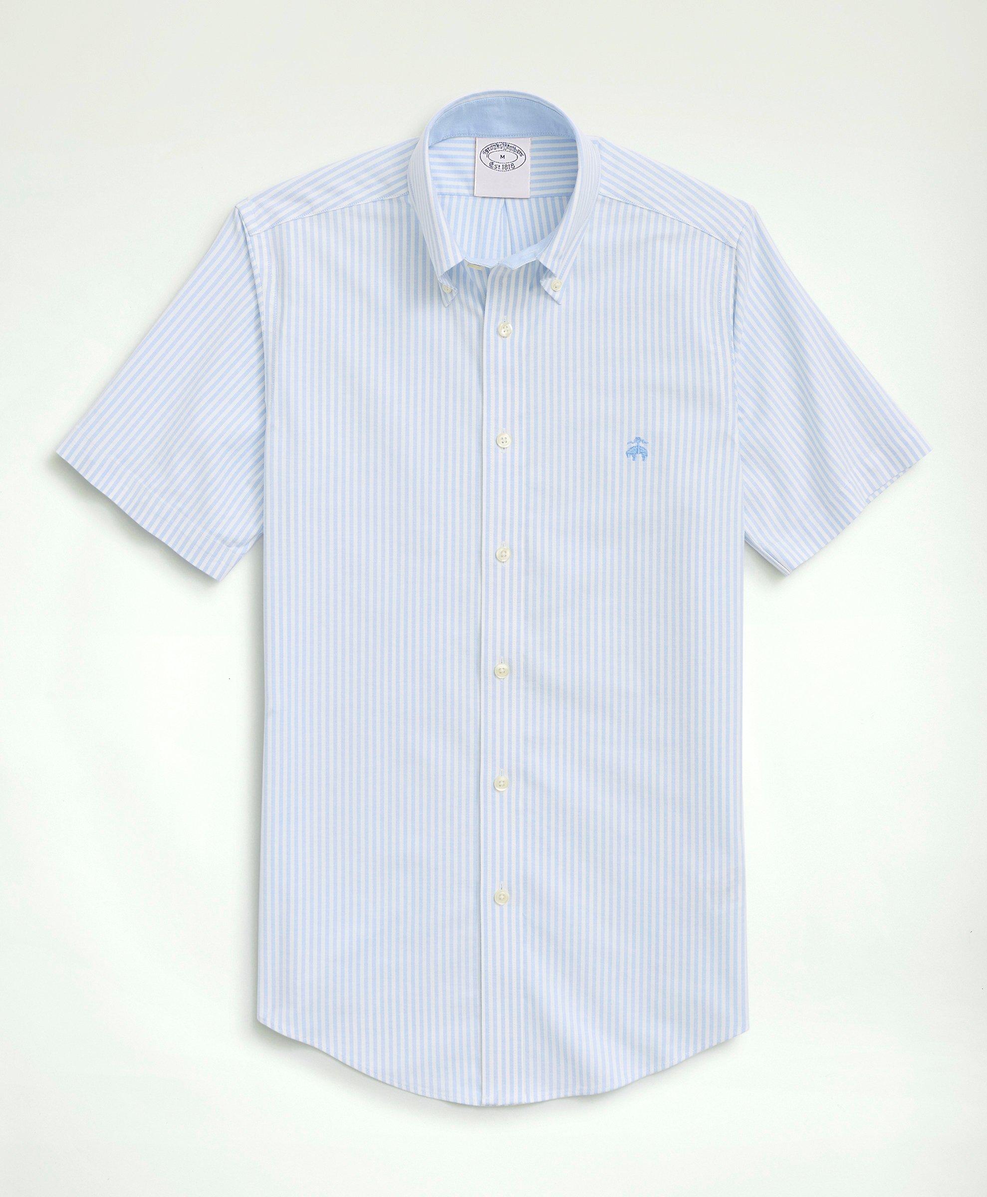 Brooks Brothers Stretch Non-iron Oxford Button-down Collar, Bengal Stripe Short- Sleeve Sport Shirt | Blue | Size 2x
