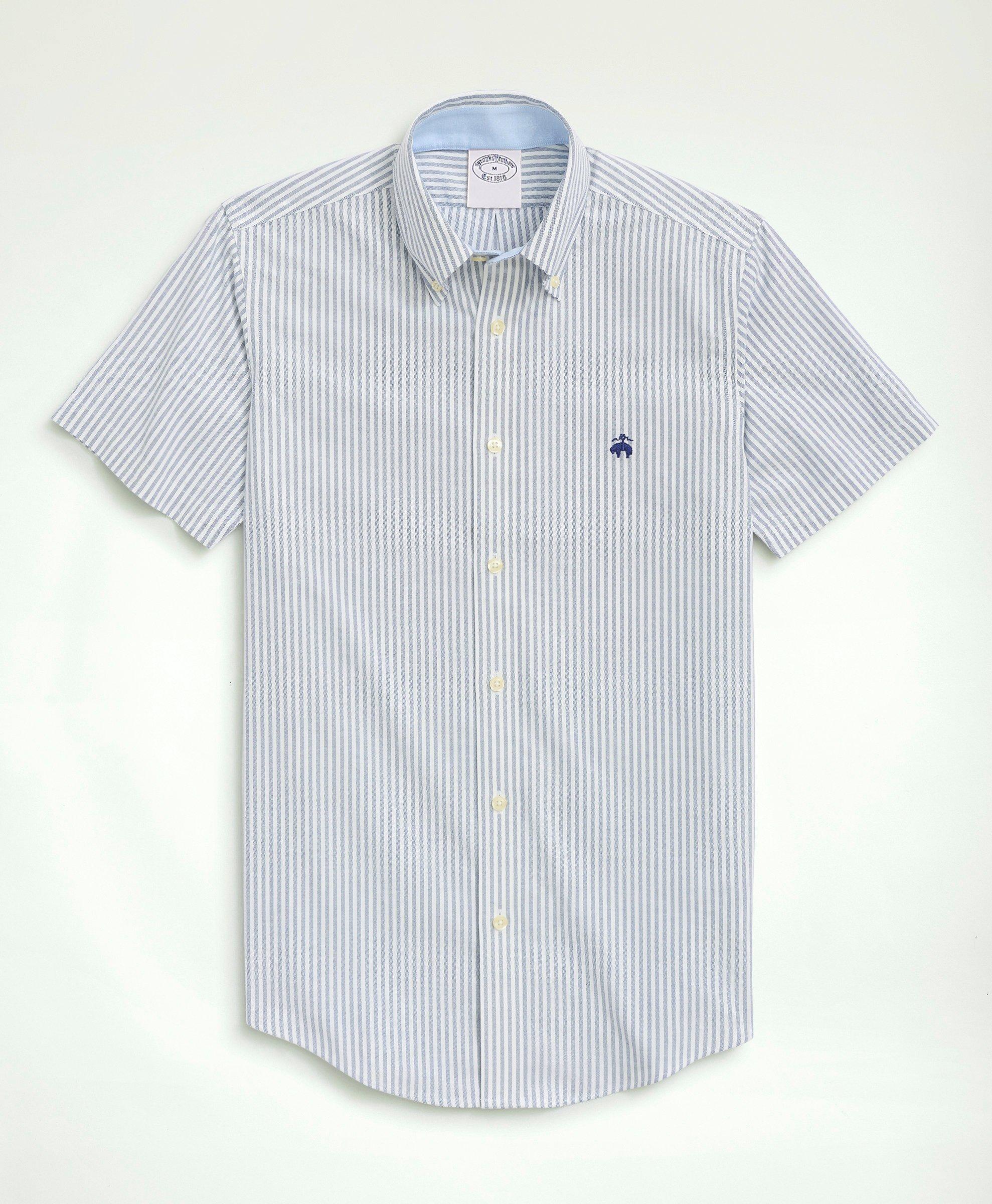 Brooks Brothers Stretch Non-iron Oxford Button-down Collar, Bengal Stripe Short- Sleeve Sport Shirt | Sodalite | Siz