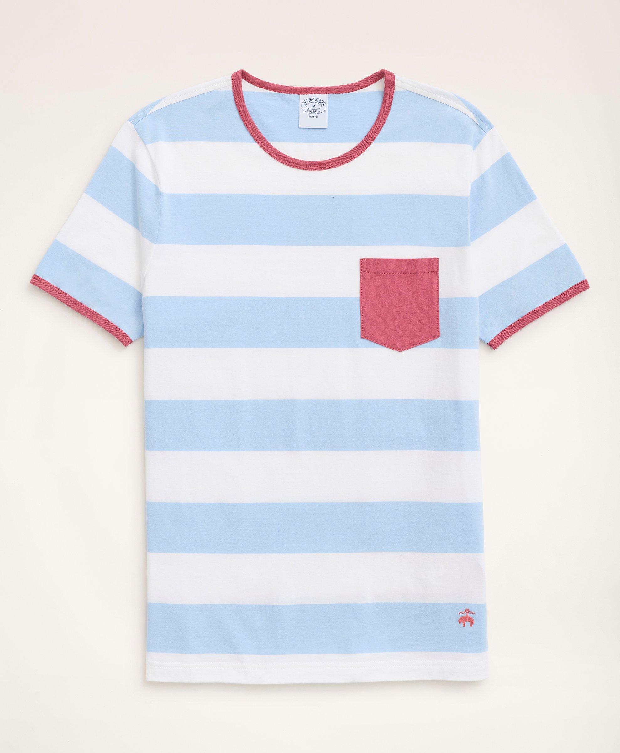 Brooks Brothers Cotton Striped Pocket T-shirt | Chambray | Size Xs