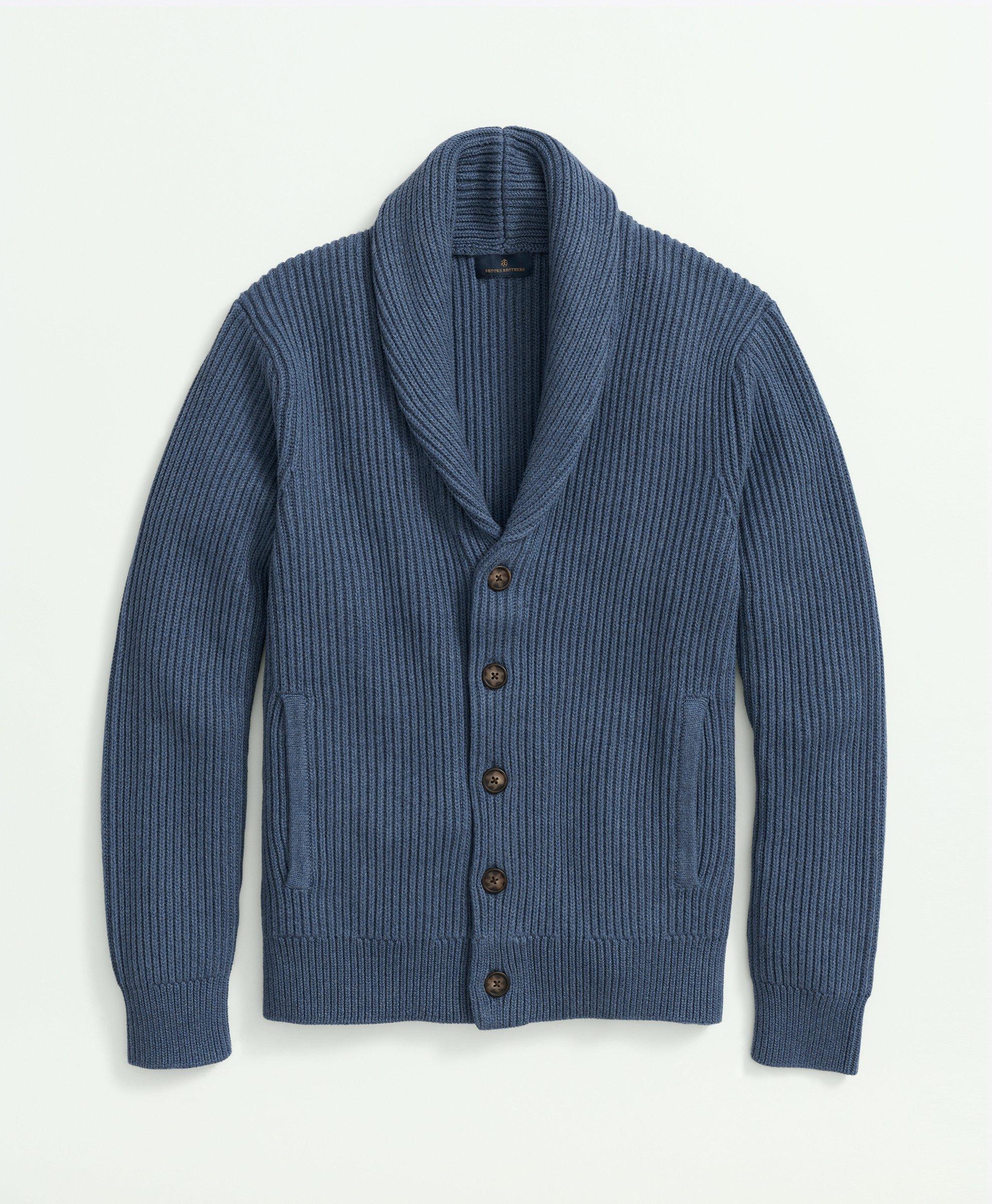 Brooks Brothers Ribbed Cotton Shawl Collar Cardigan | Dark Blue Heather | Size Medium In Navy