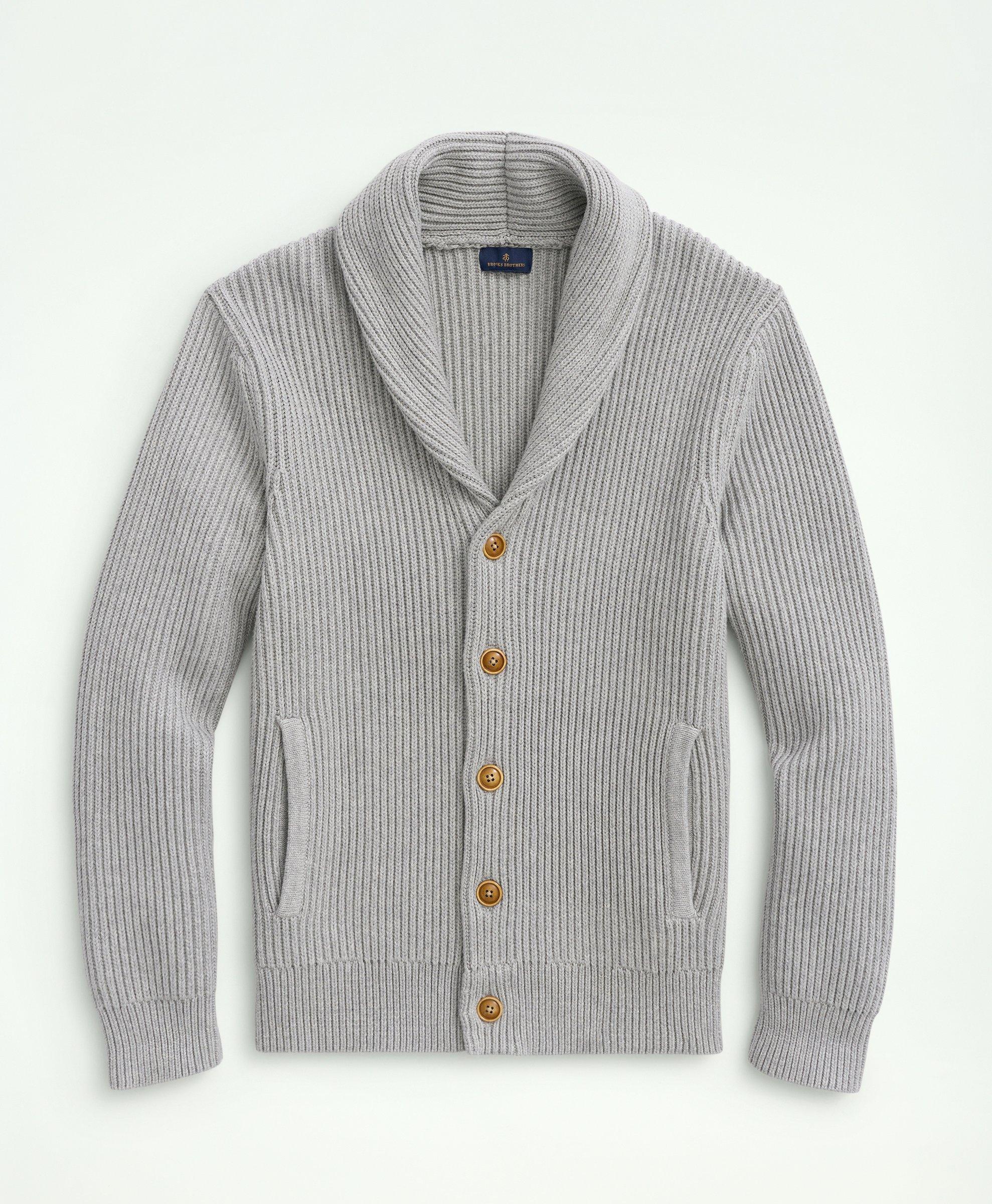 Brooks Brothers Ribbed Cotton Shawl Collar Cardigan | Grey Heather | Size Small