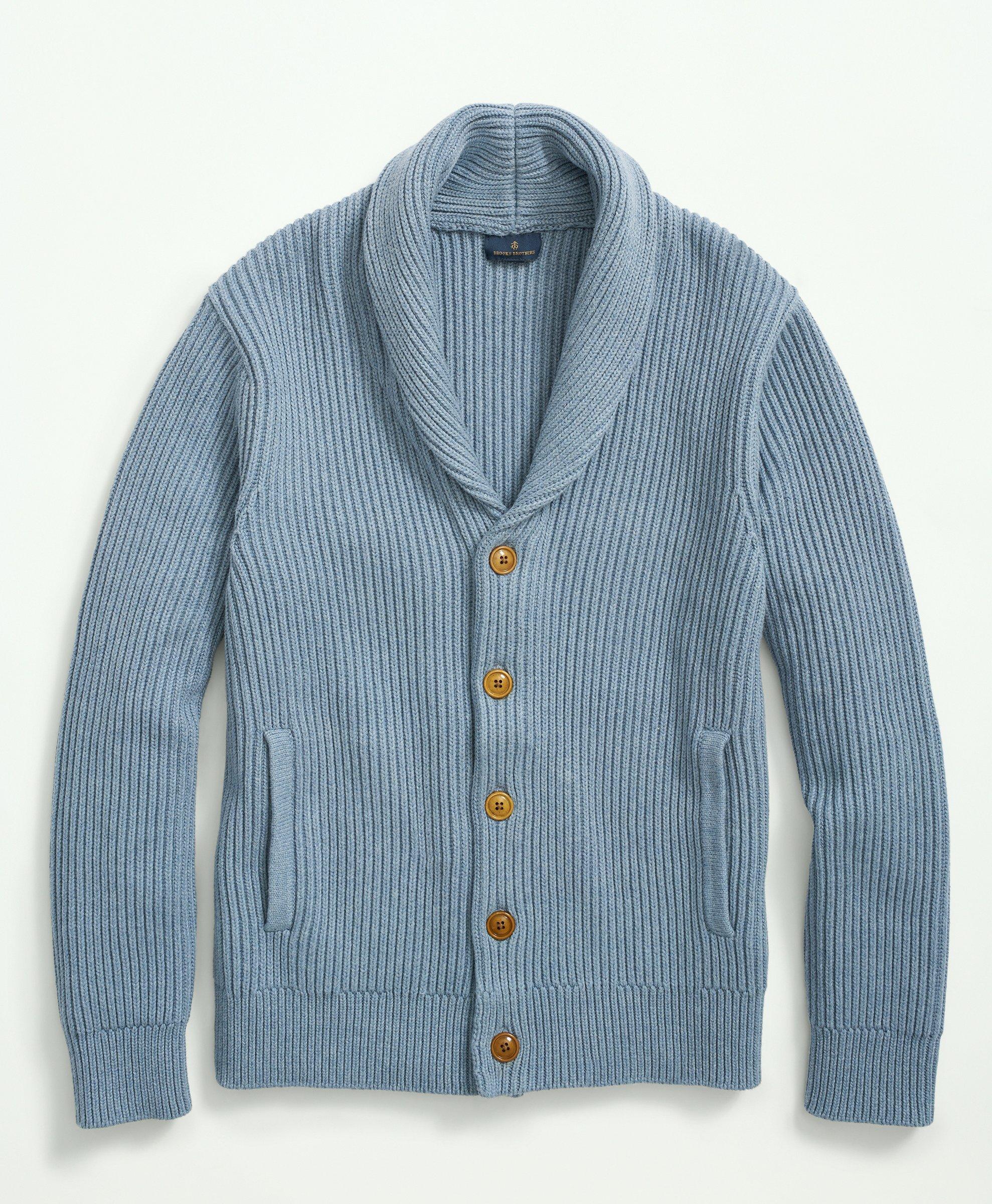 Brooks Brothers Ribbed Cotton Shawl Collar Cardigan | Light Blue | Size Small
