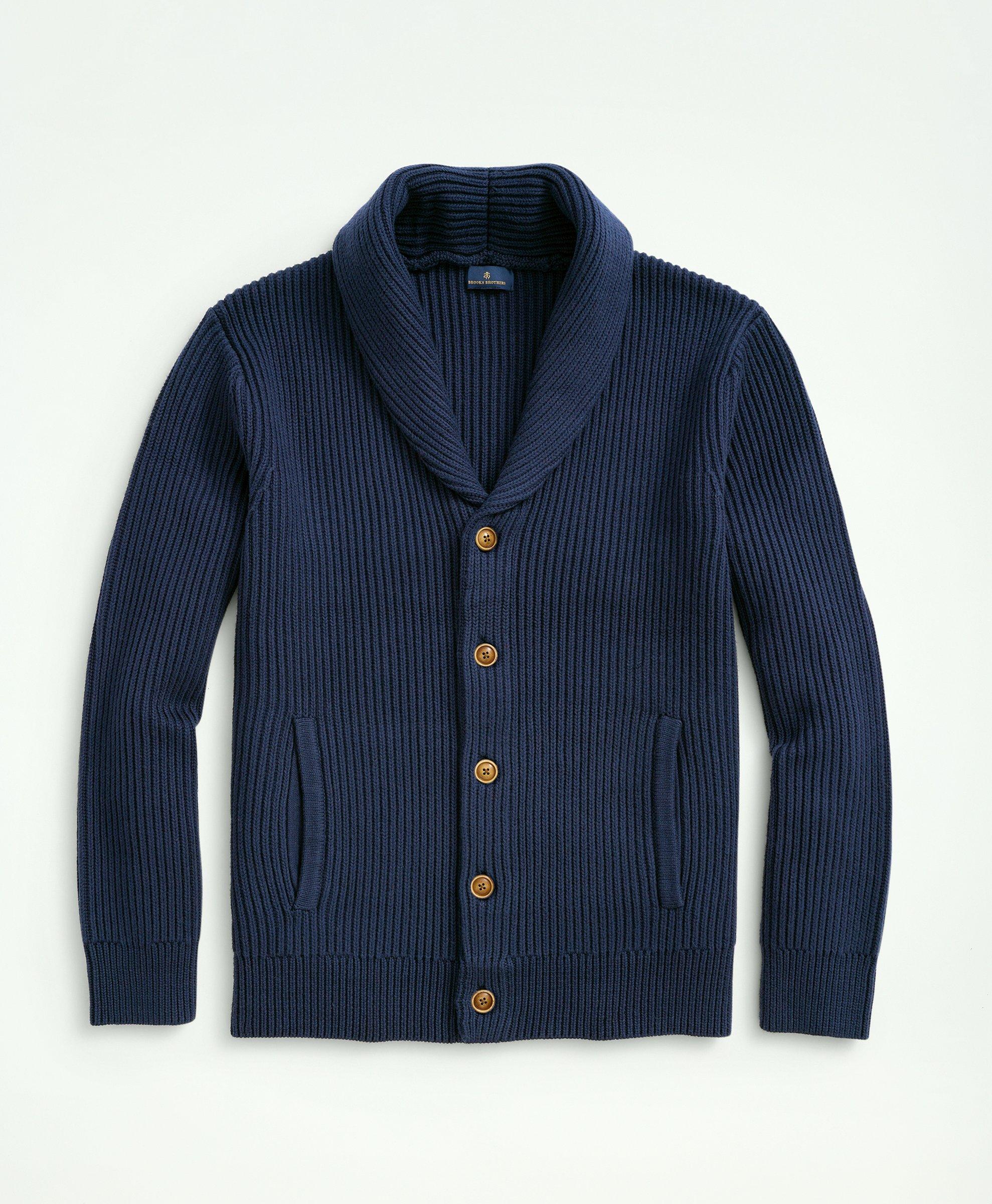 Brooks Brothers Ribbed Cotton Shawl Collar Cardigan | Dark Blue Heather | Size Large