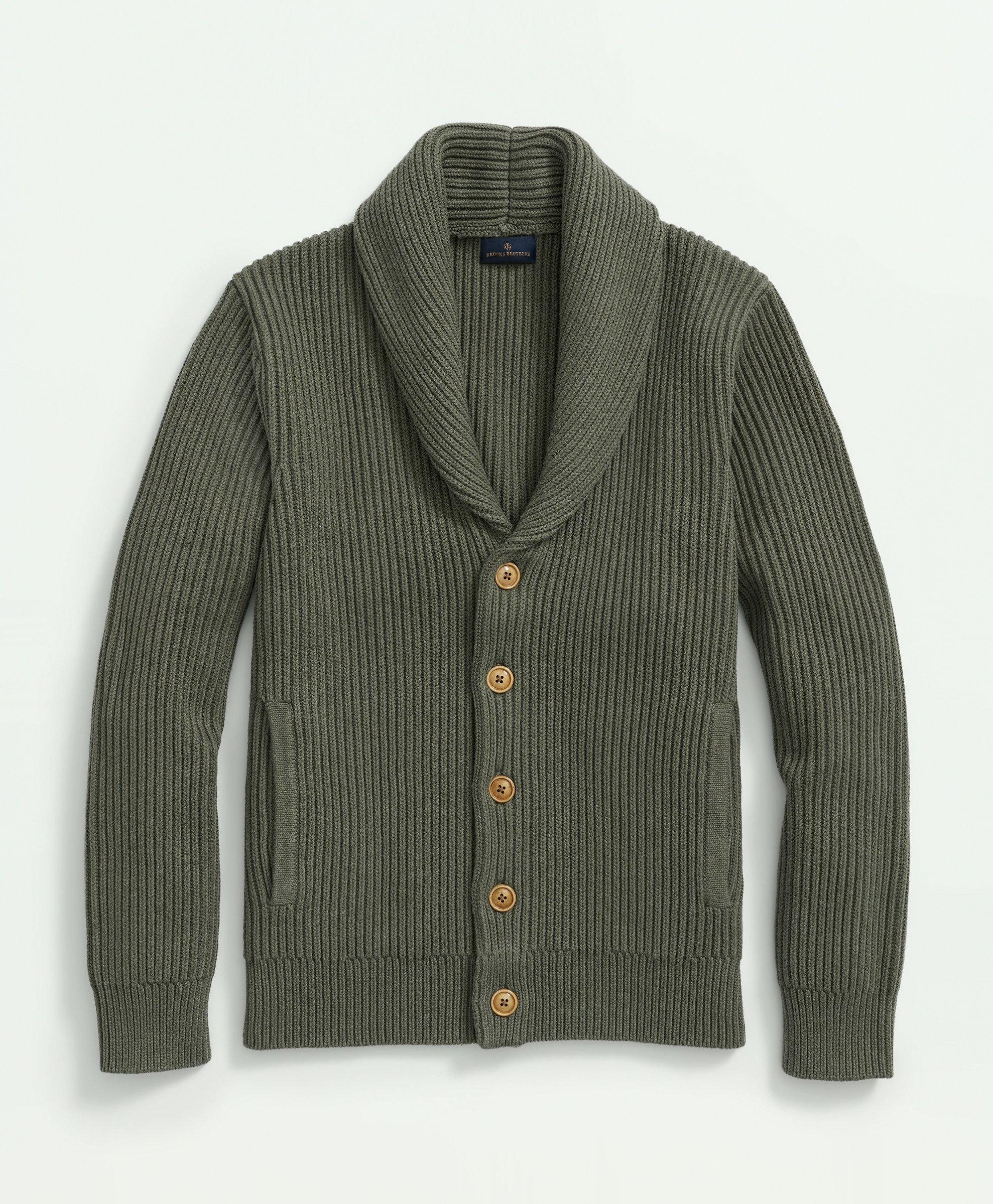 Brooks Brothers Ribbed Cotton Shawl Collar Cardigan | Olive | Size Large