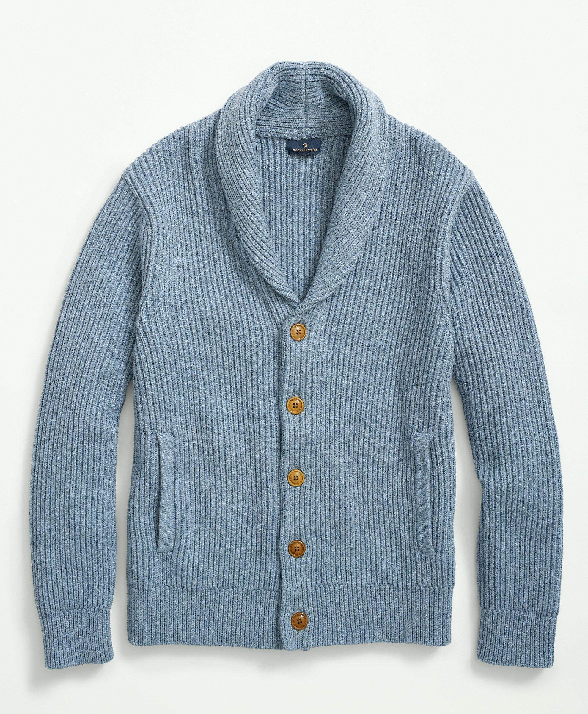 Brooks Brothers Ribbed Cotton Shawl Collar Cardigan Light Blue