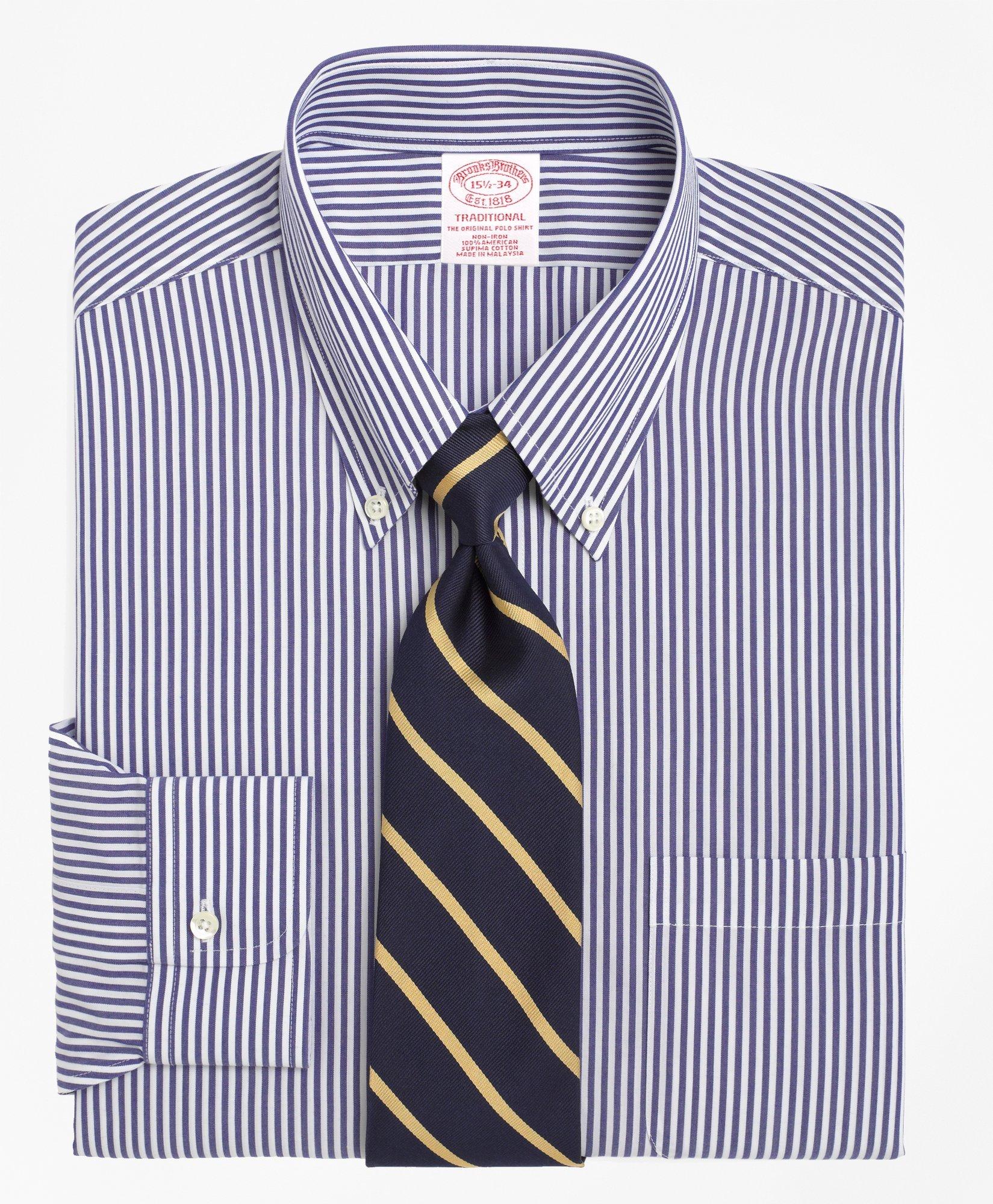 Brooks Brothers Traditional Extra-relaxed-fit Dress Shirt, Non-iron Bengal Stripe | Blue/white | Size 14½ 33 In Gray