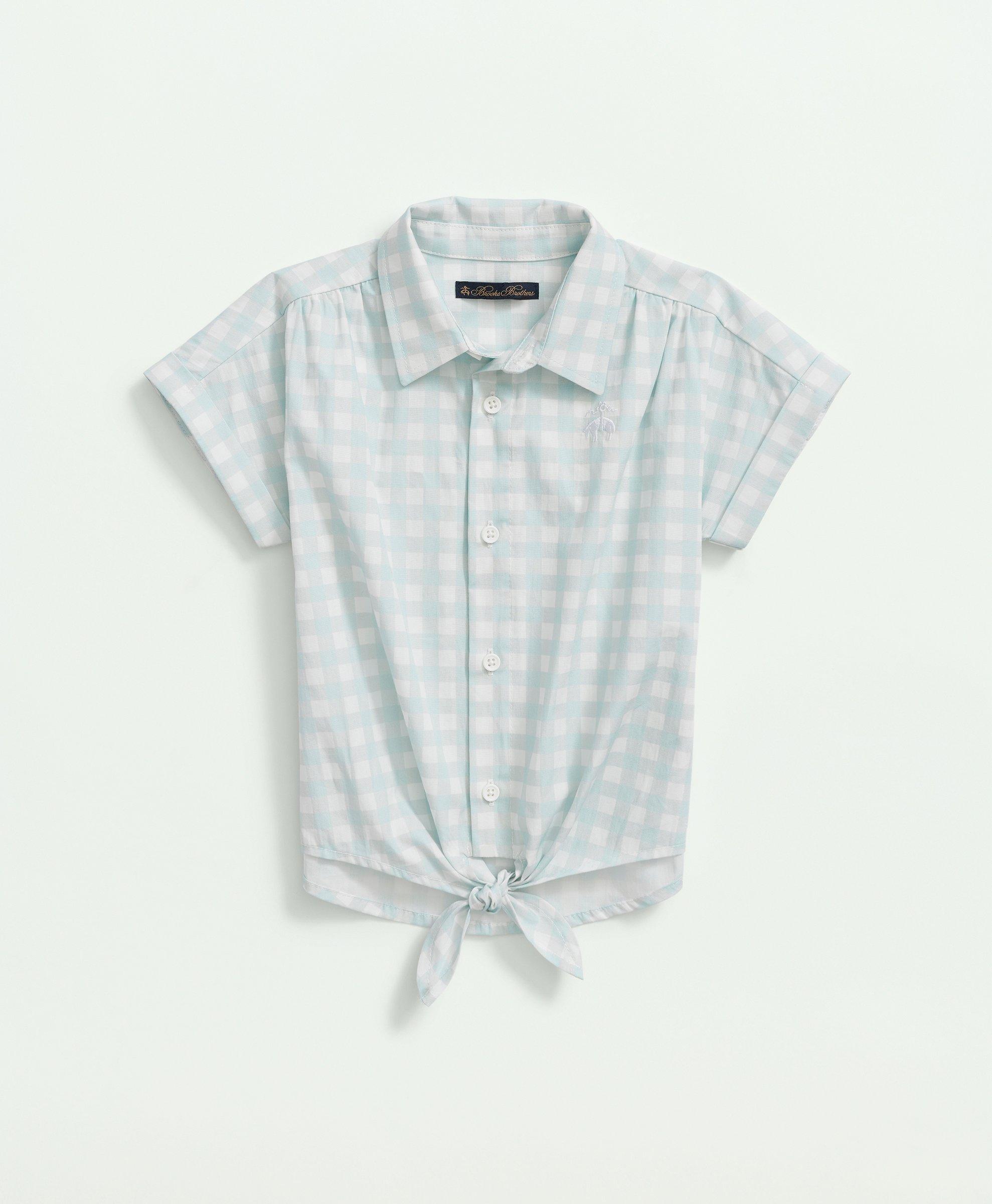 Brooks Brothers Kids'  Girls Cotton Tie Front Short Sleeve Gingham Shirt | Aqua | Size 10