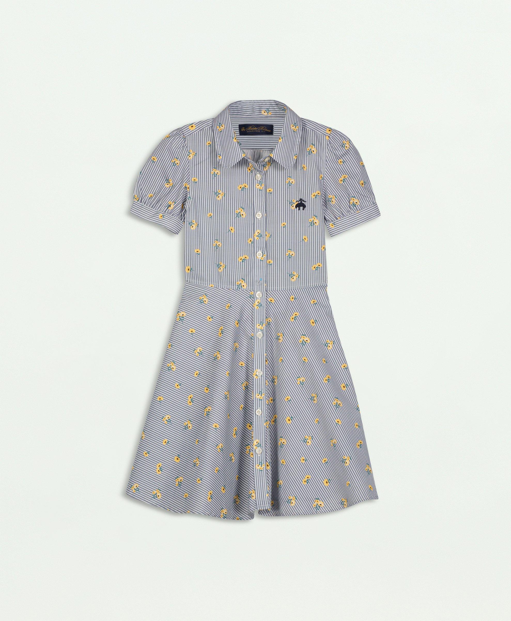 Brooks Brothers Kids'  Girls Floral Stripe Cotton Shirt Dress | Navy | Size 8