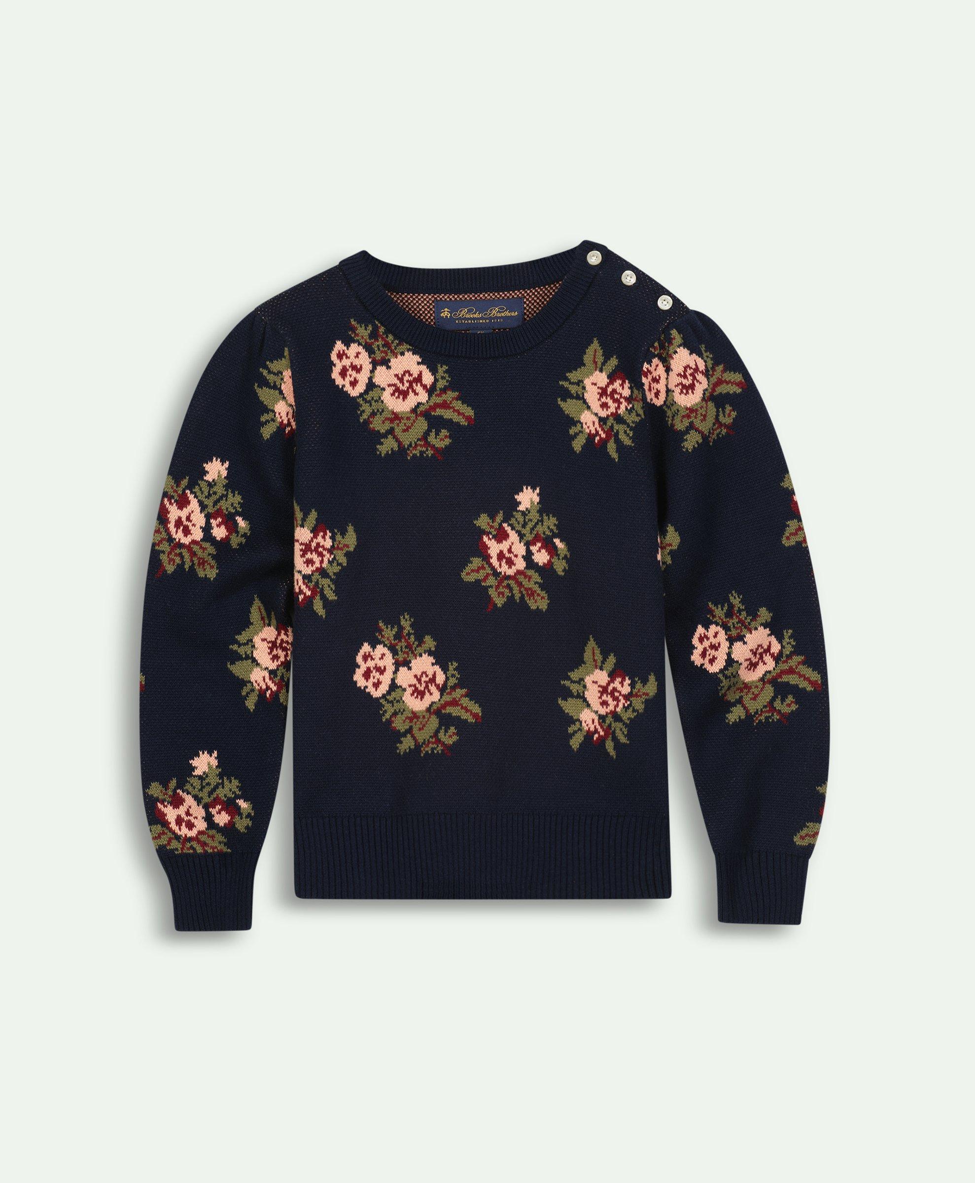 Brooks Brothers Kids'  Girls Cotton Floral Intarsia Crewneck Sweater | Navy | Size 14