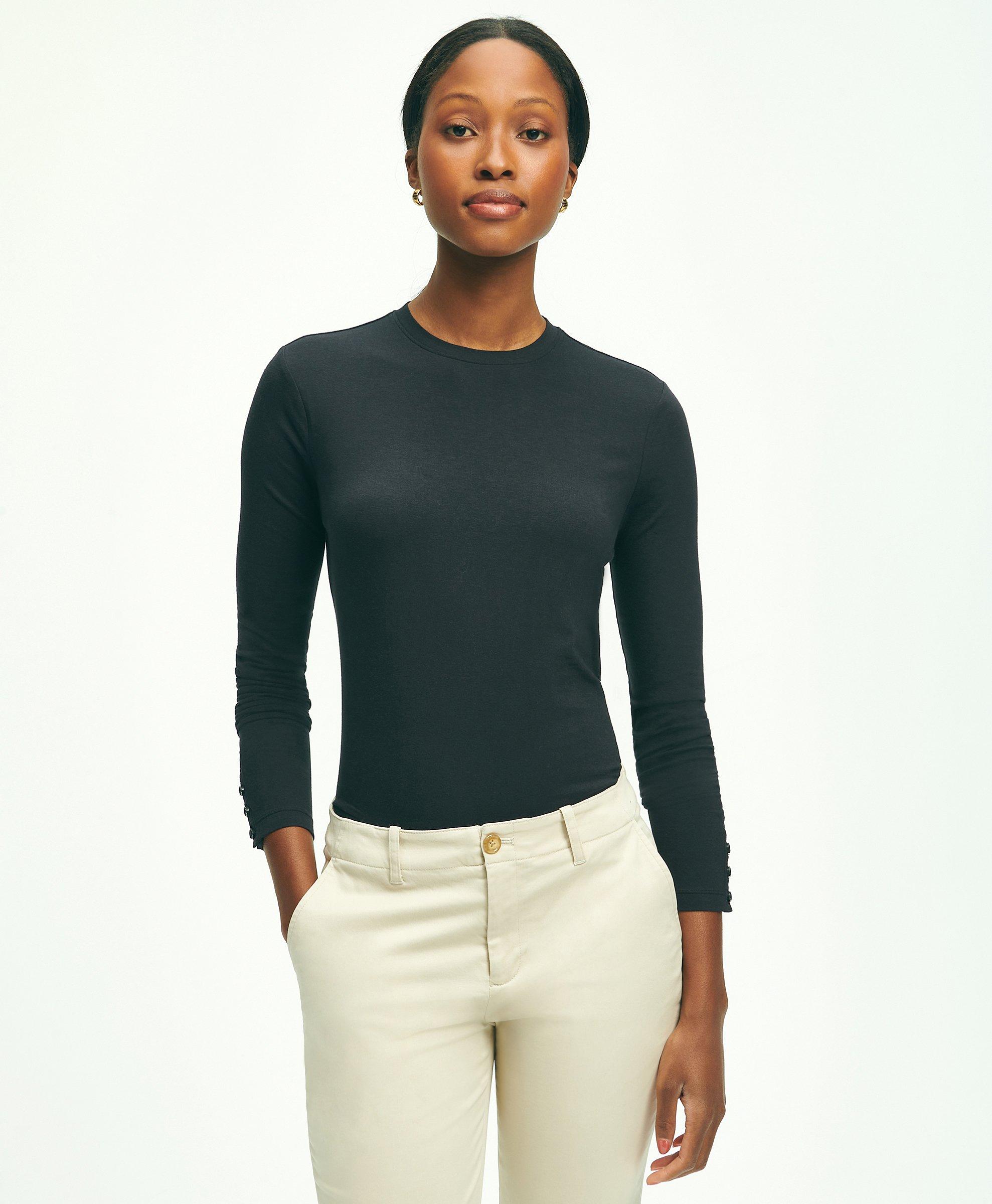 Brooks Brothers Cotton Long Sleeved Crewneck Top In Black