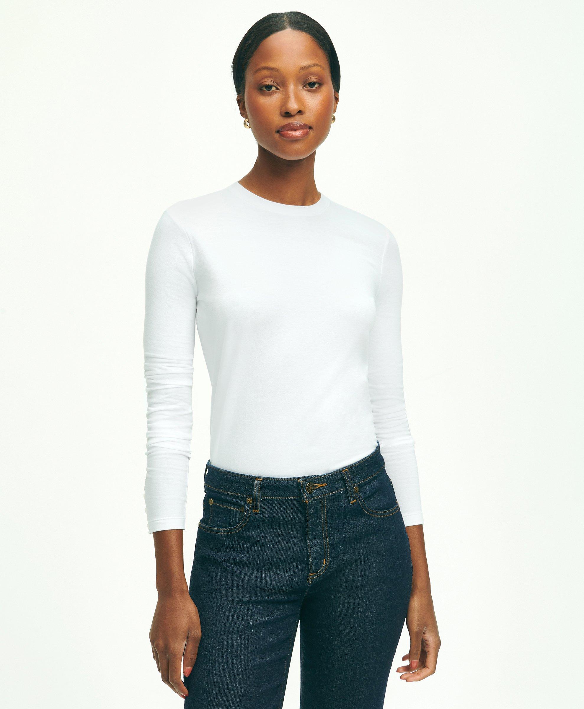 Brooks Brothers Cotton Long Sleeved Crewneck Top In White