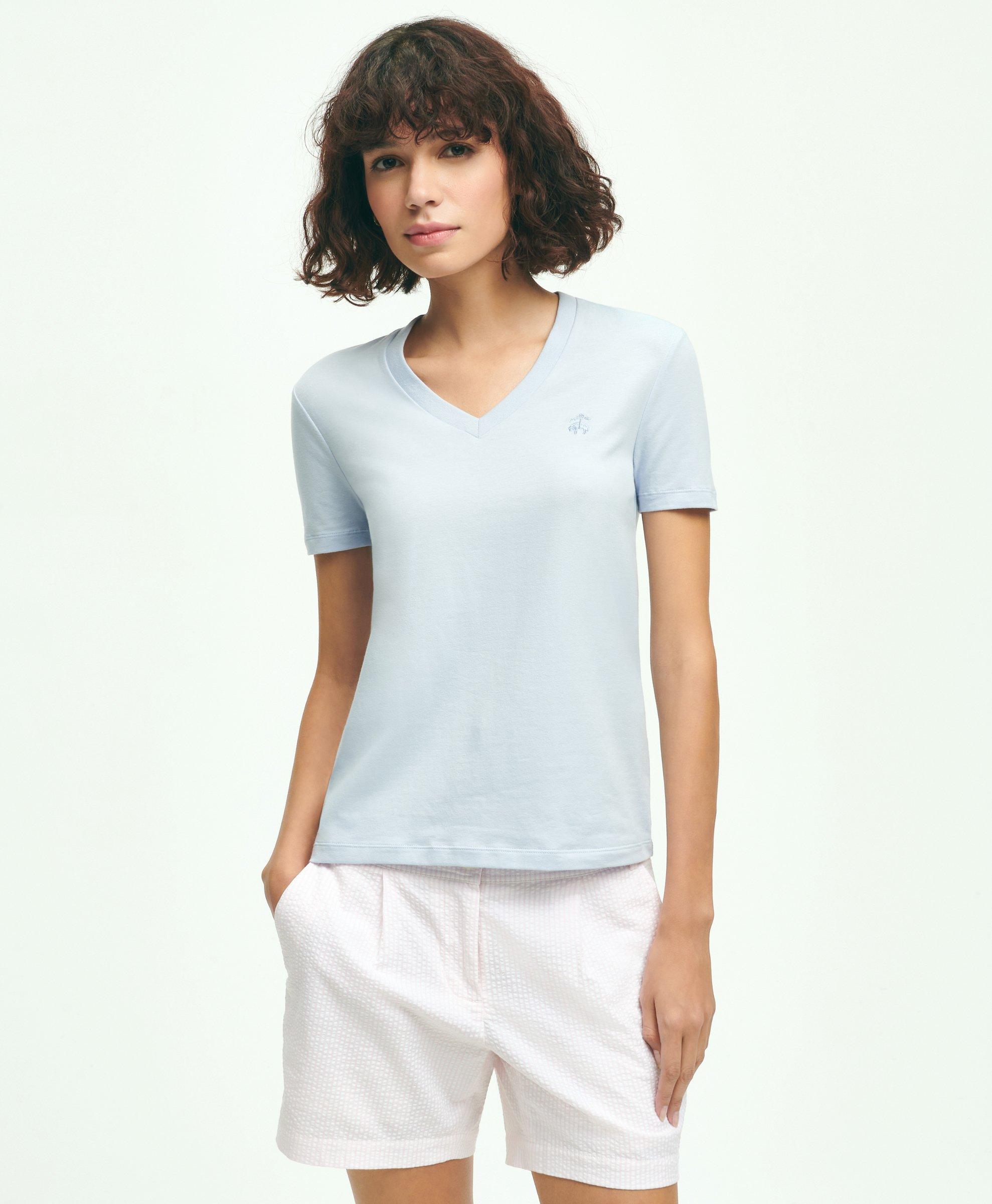 Brooks Brothers Stretch Cotton V-neck T-shirt | Light Blue | Size Medium
