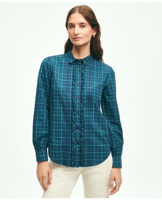 Shop Brooks Brothers Cotton Plaid Ruffled Shirt | Blue | Size 14