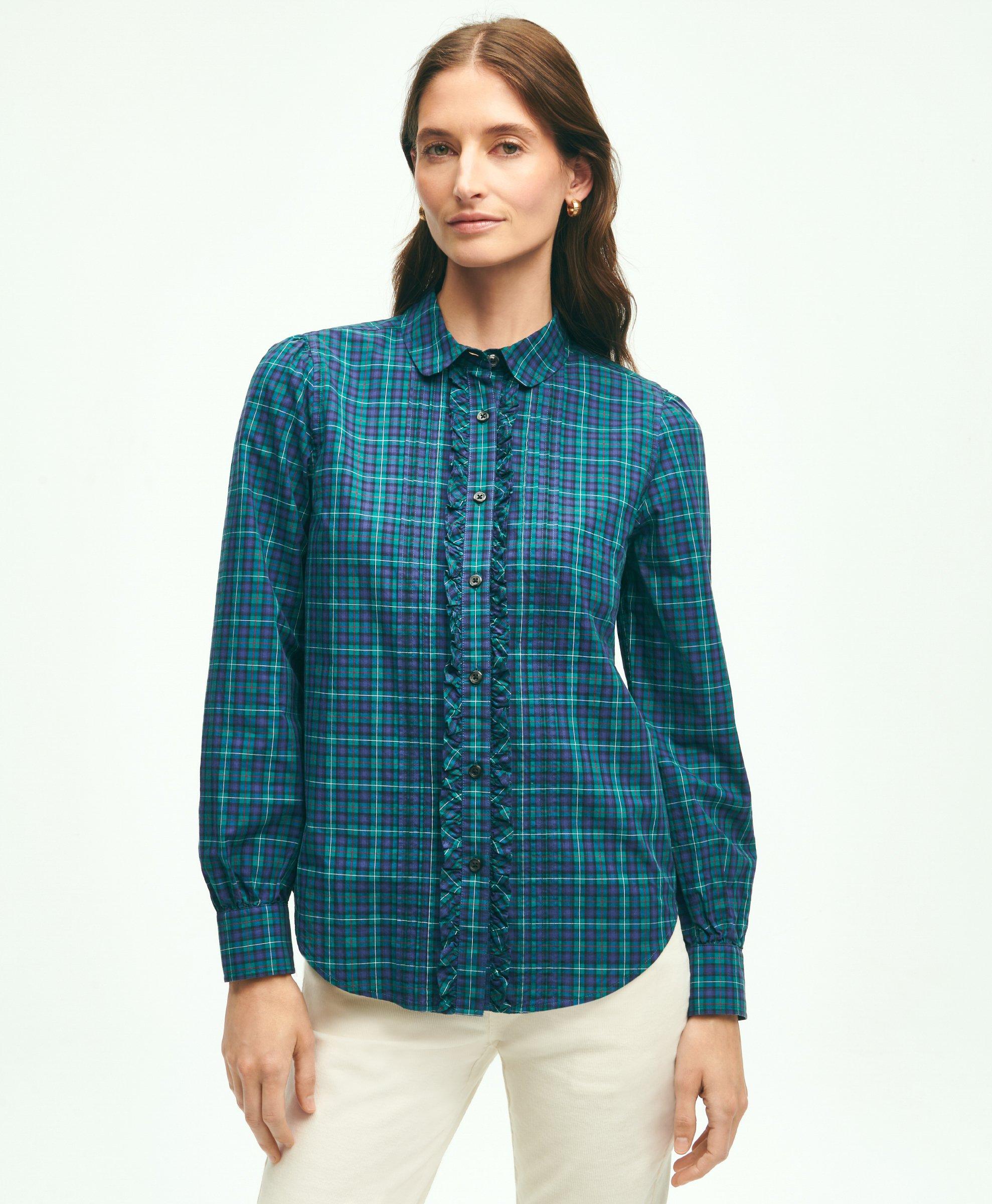 Shop Brooks Brothers Cotton Plaid Ruffled Shirt | Blue | Size 14