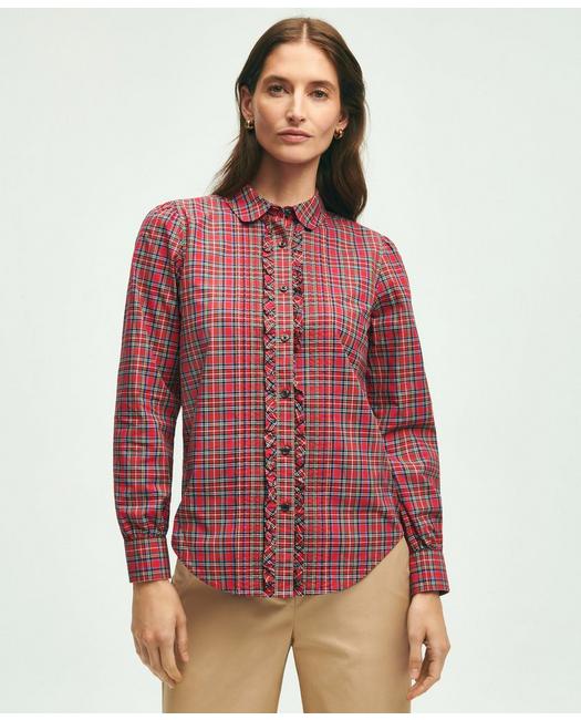 Shop Brooks Brothers Cotton Plaid Ruffled Shirt | Red | Size 2