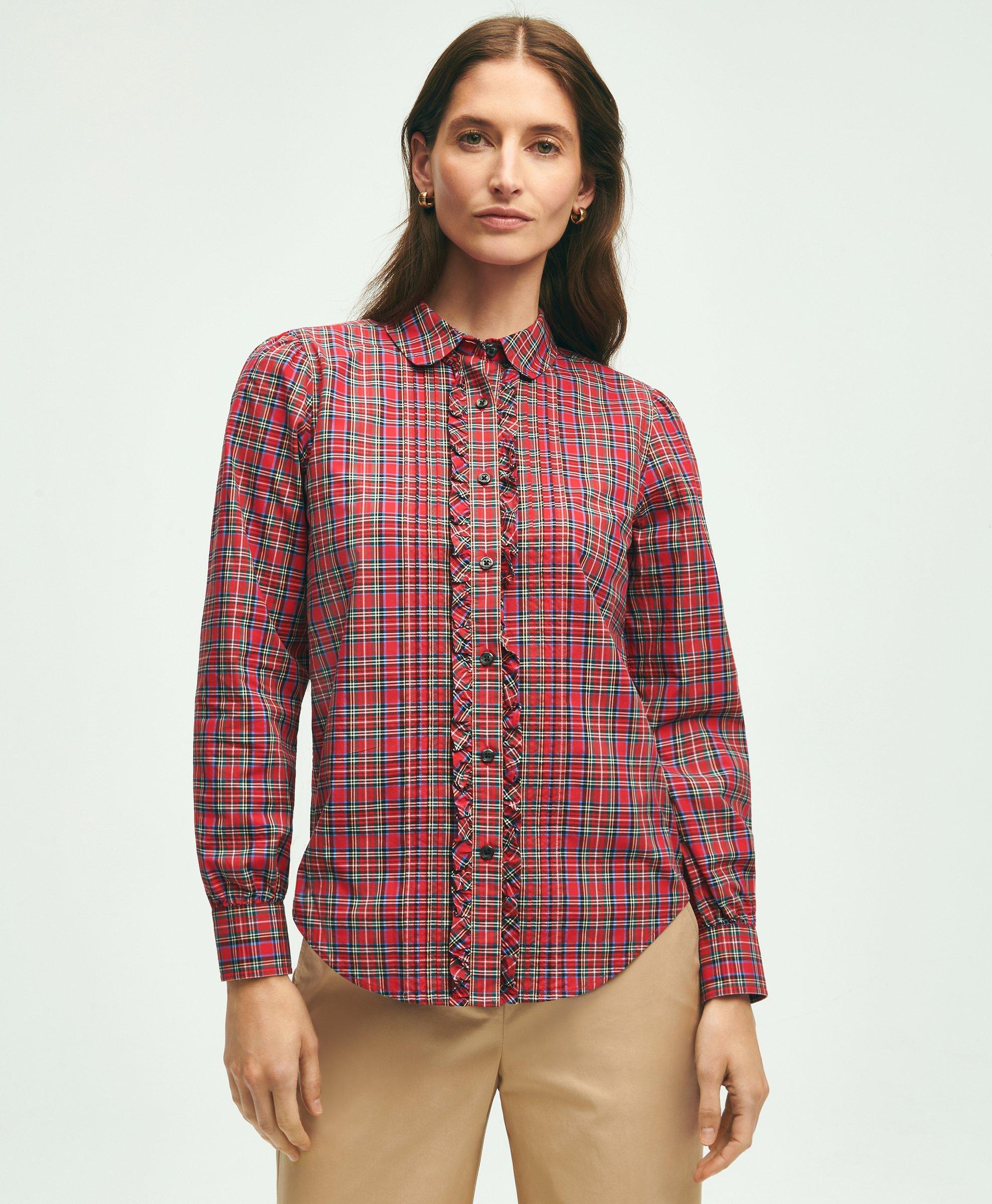 Shop Brooks Brothers Cotton Plaid Ruffled Shirt | Red | Size 6