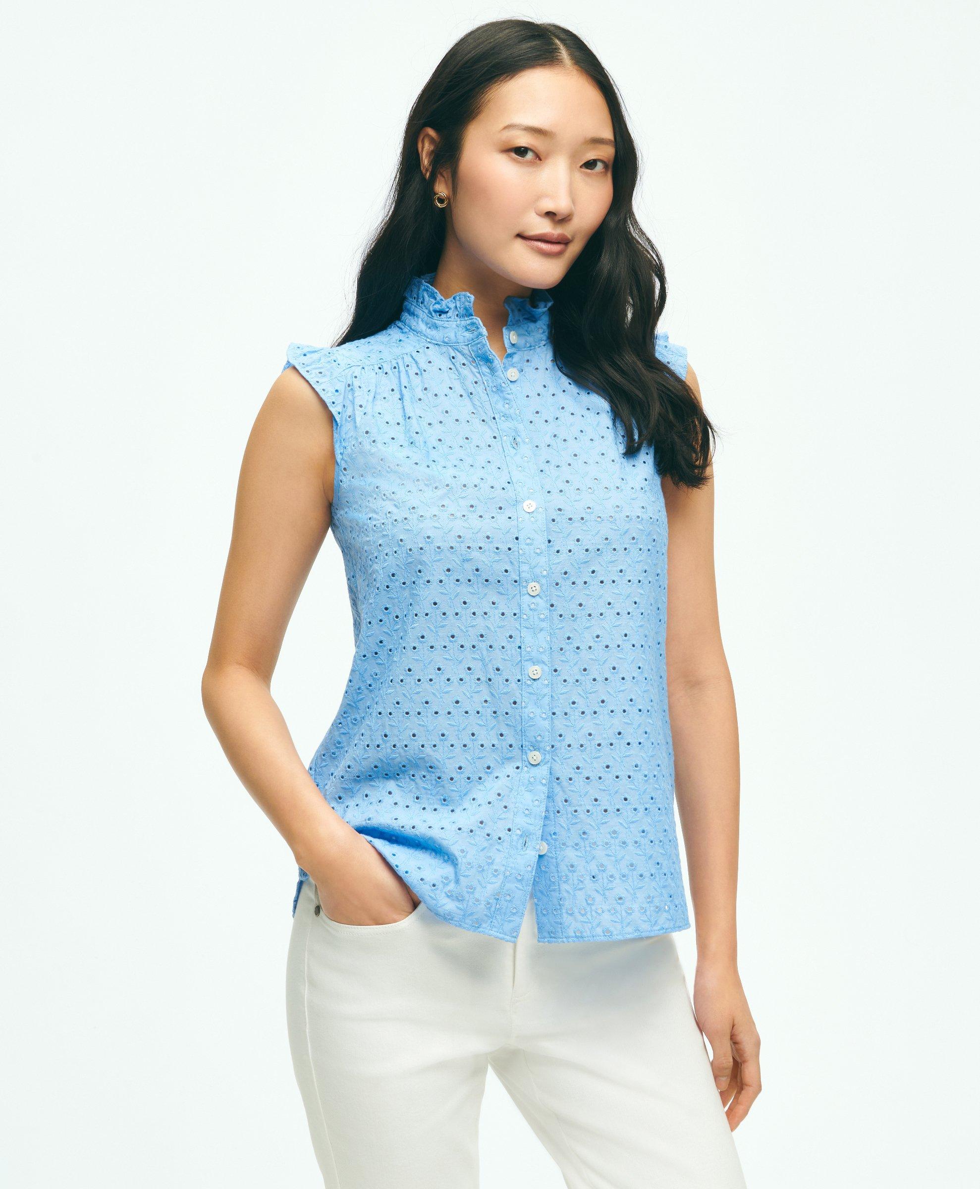 Shop Brooks Brothers Eyelet Flutter Sleeve Blouse In Cotton | Bright Blue | Size 16