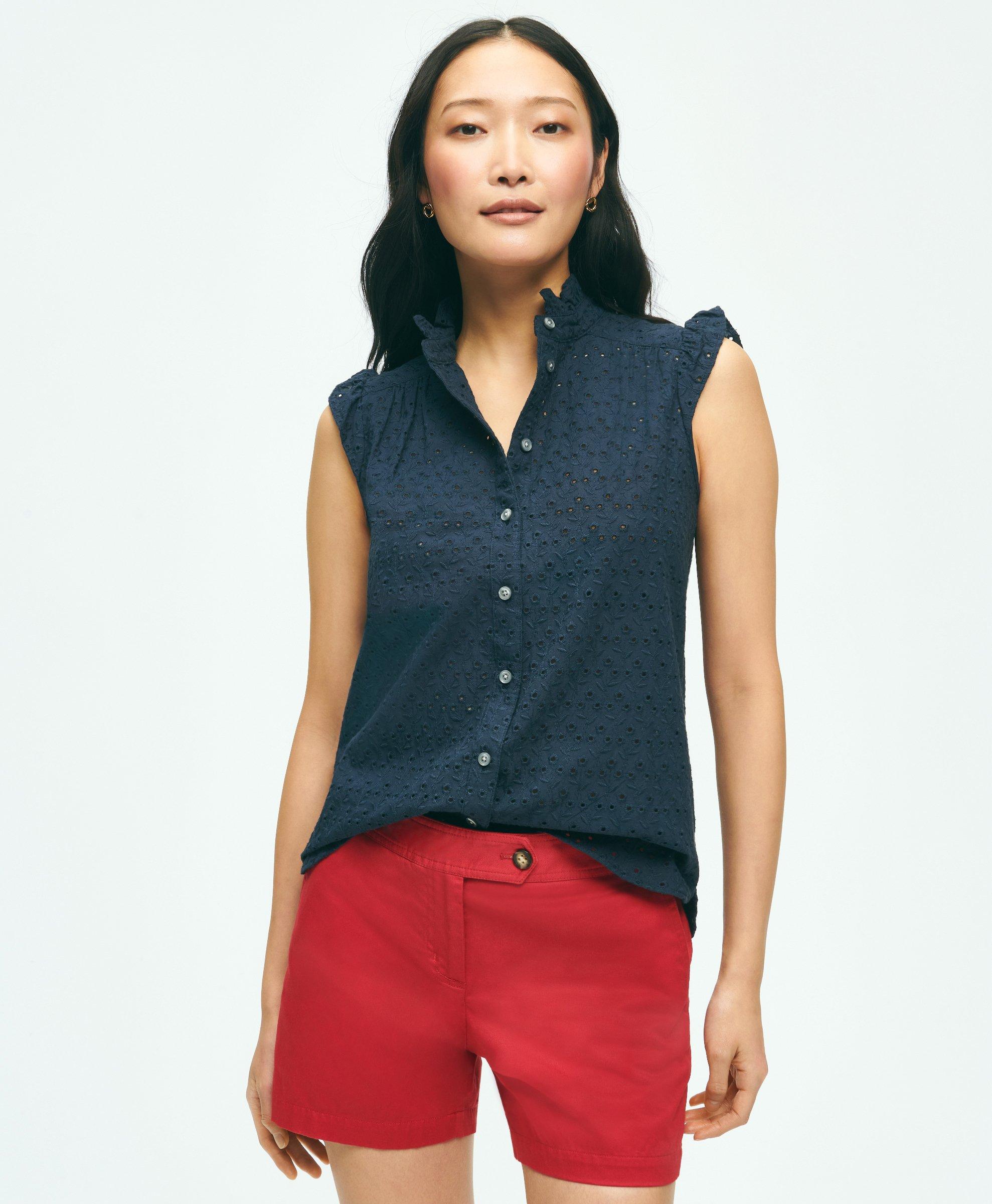 Brooks Brothers Eyelet Flutter Sleeve Blouse In Cotton In Navy