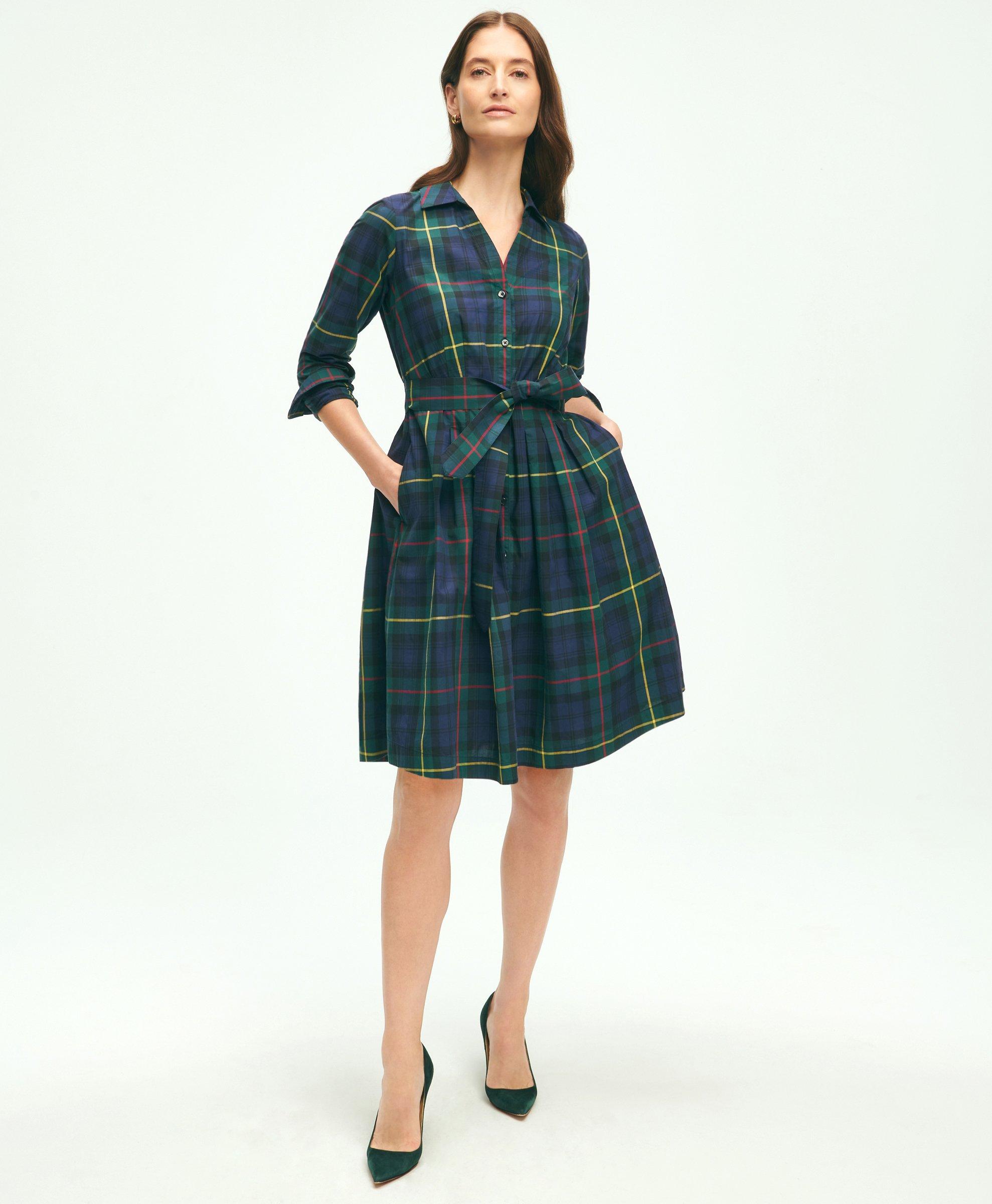 Brooks Brothers Cotton A-line Plaid Shirt Dress | Green | Size 12