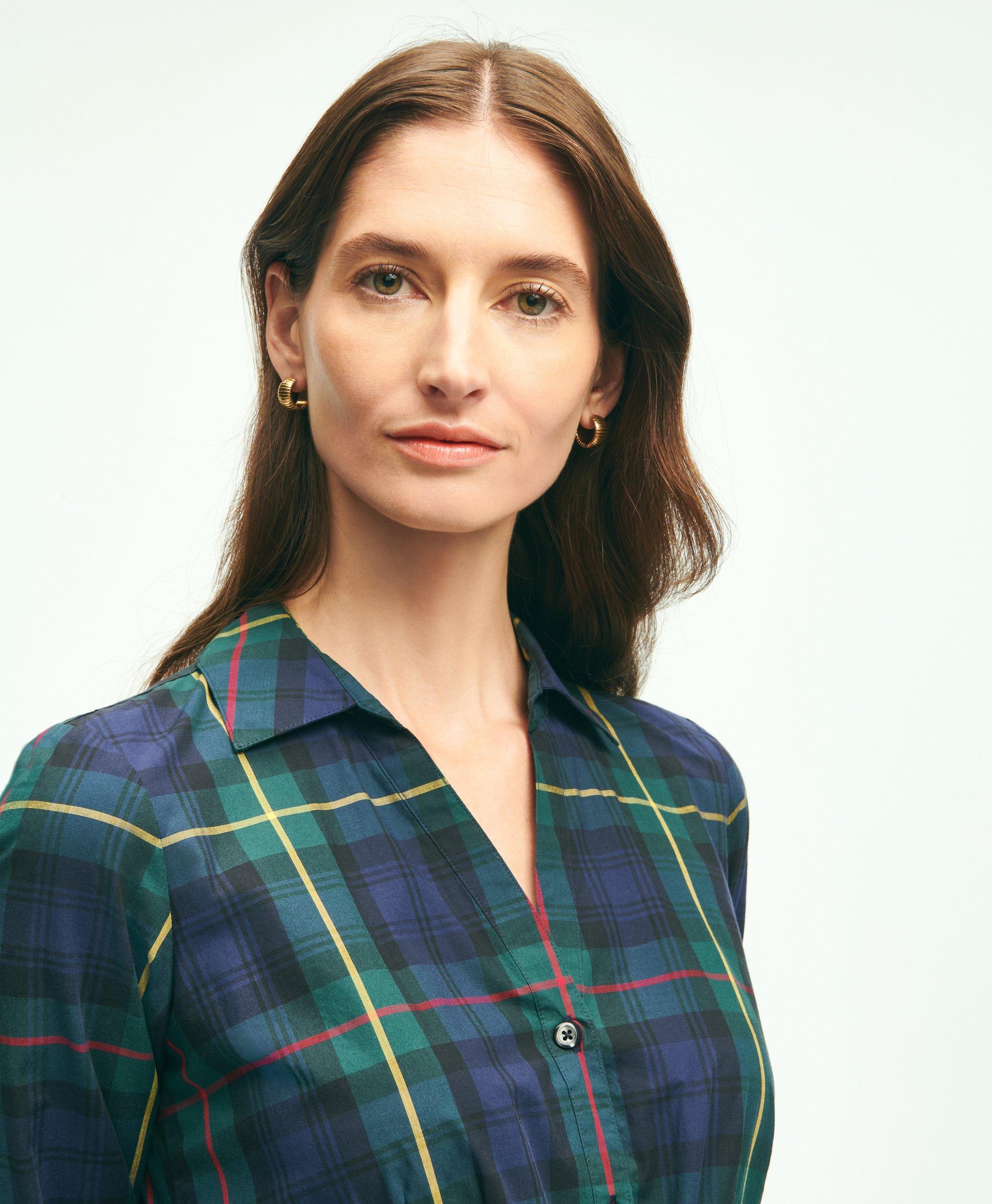 Cotton A-Line Plaid Shirt Dress