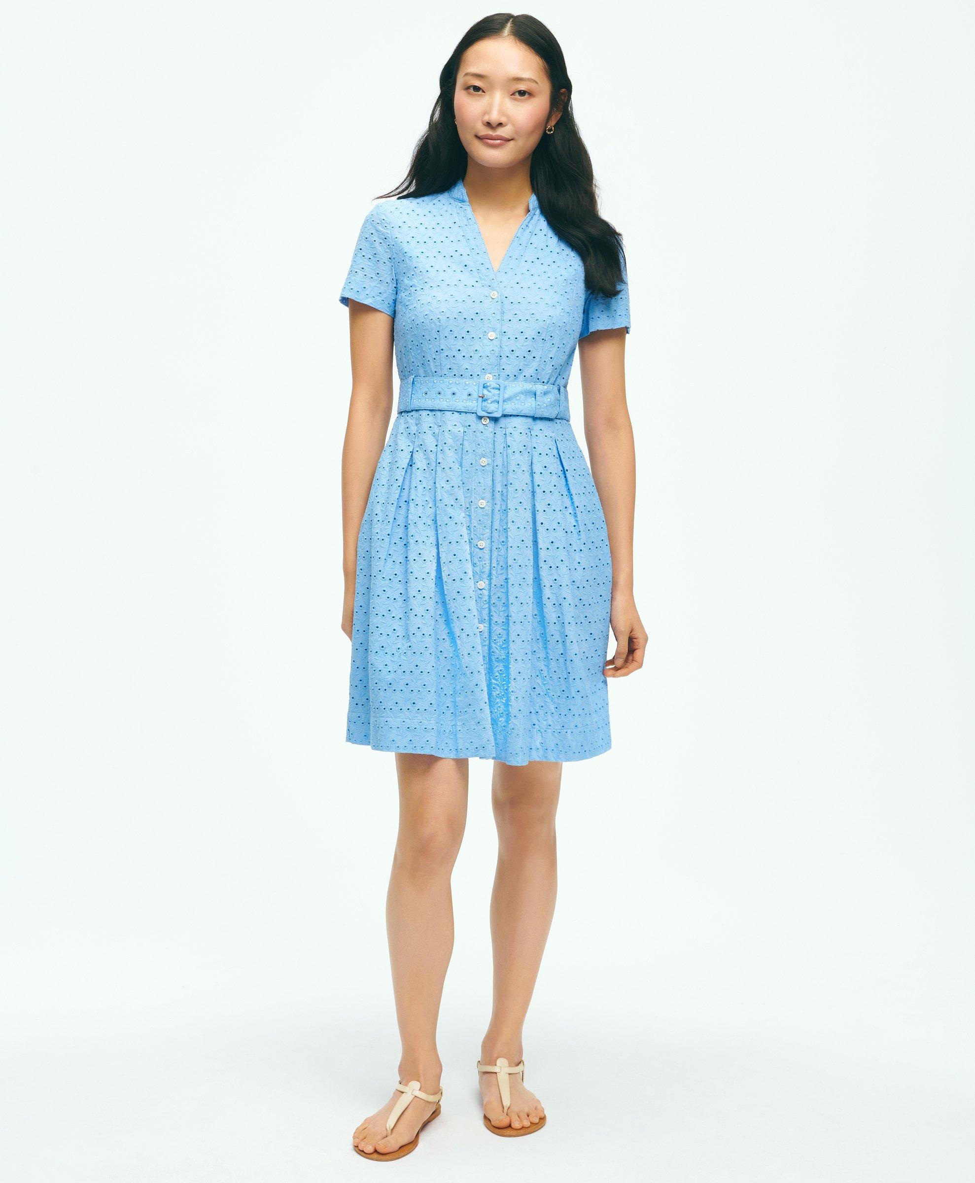 Shop Brooks Brothers Eyelet Belted Shirt Dress In Cotton | Bright Blue | Size 4