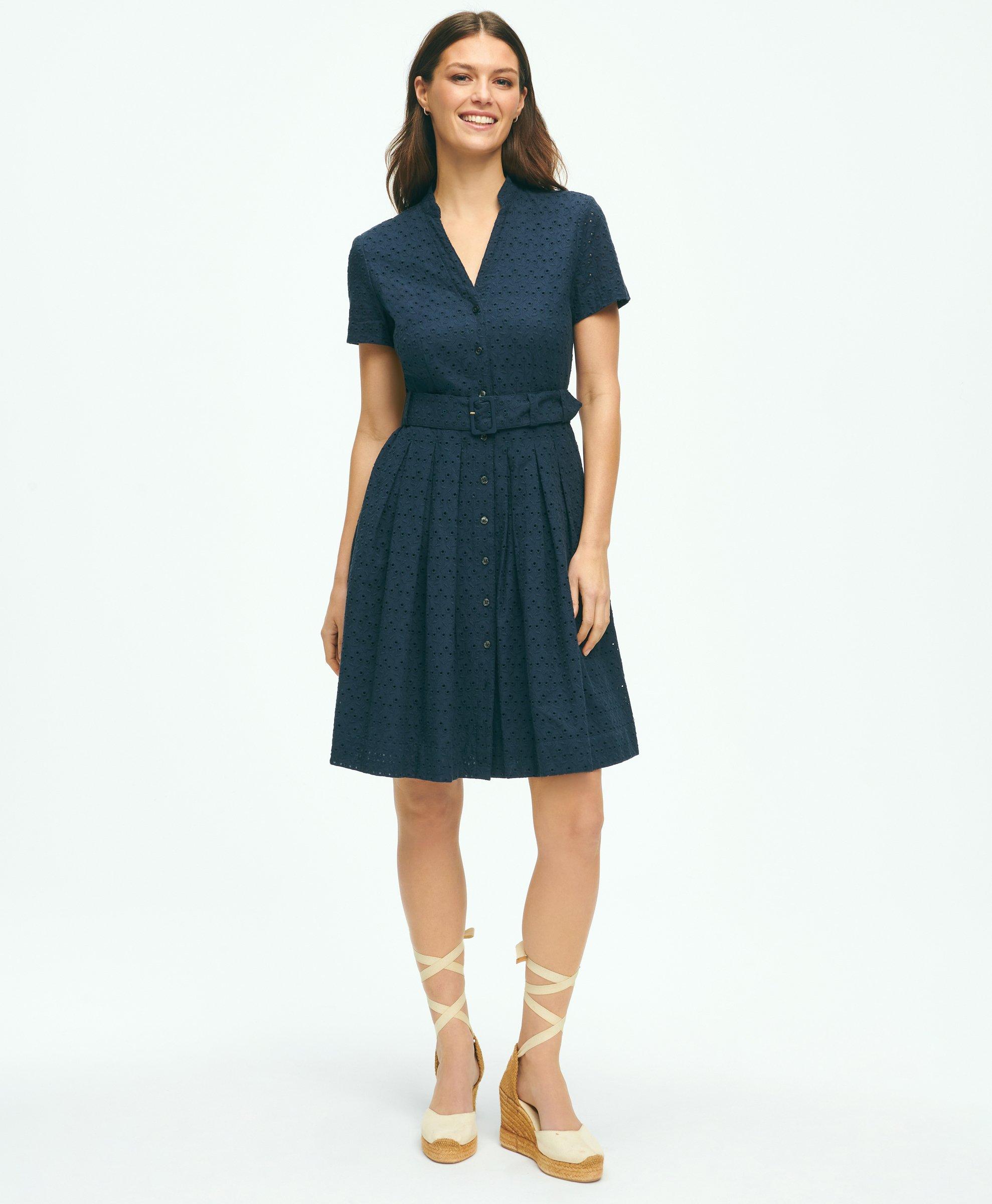 Shop Brooks Brothers Eyelet Belted Shirt Dress In Cotton | Navy | Size 8