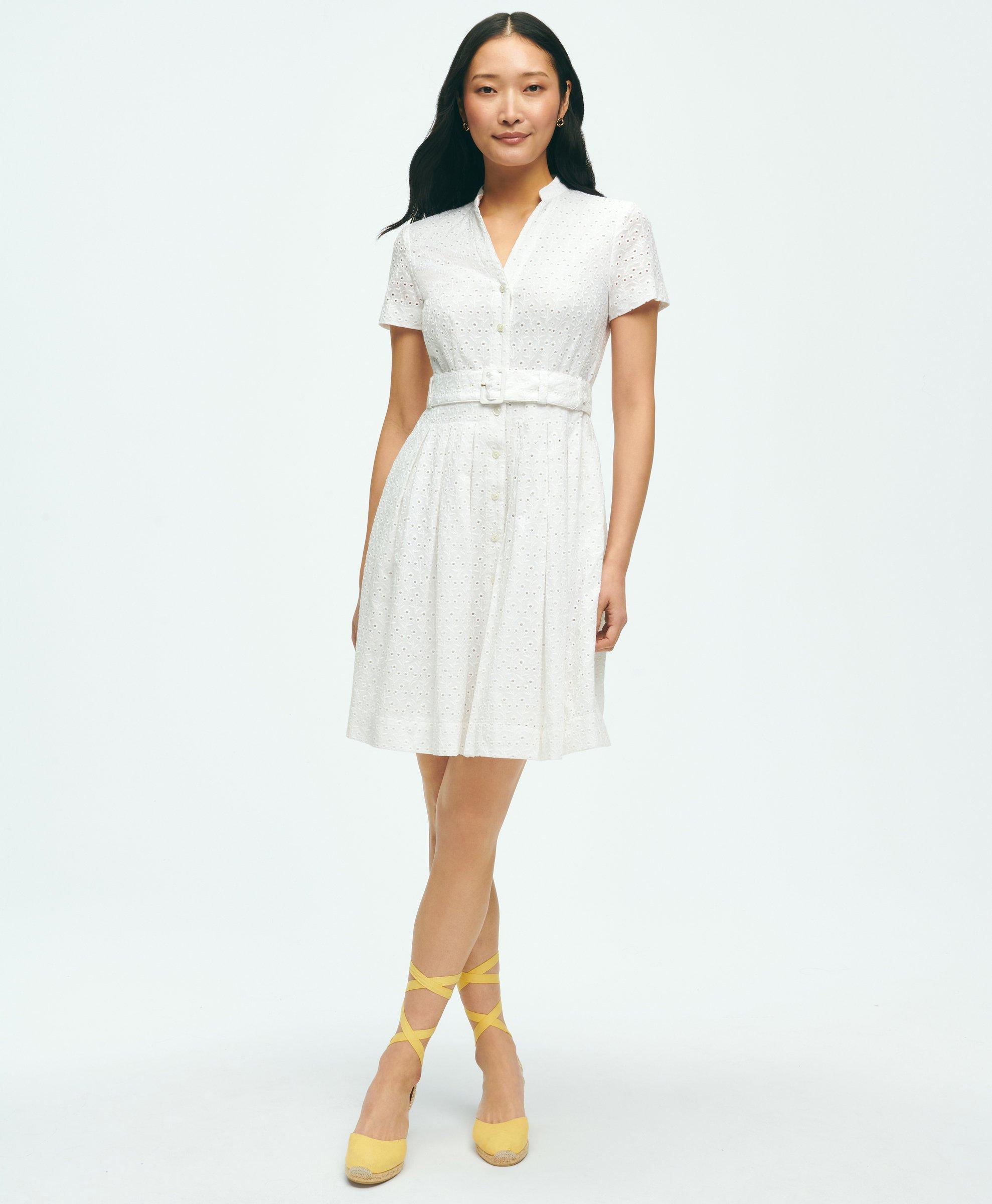 Shop Brooks Brothers Eyelet Belted Shirt Dress In Cotton | White | Size 2