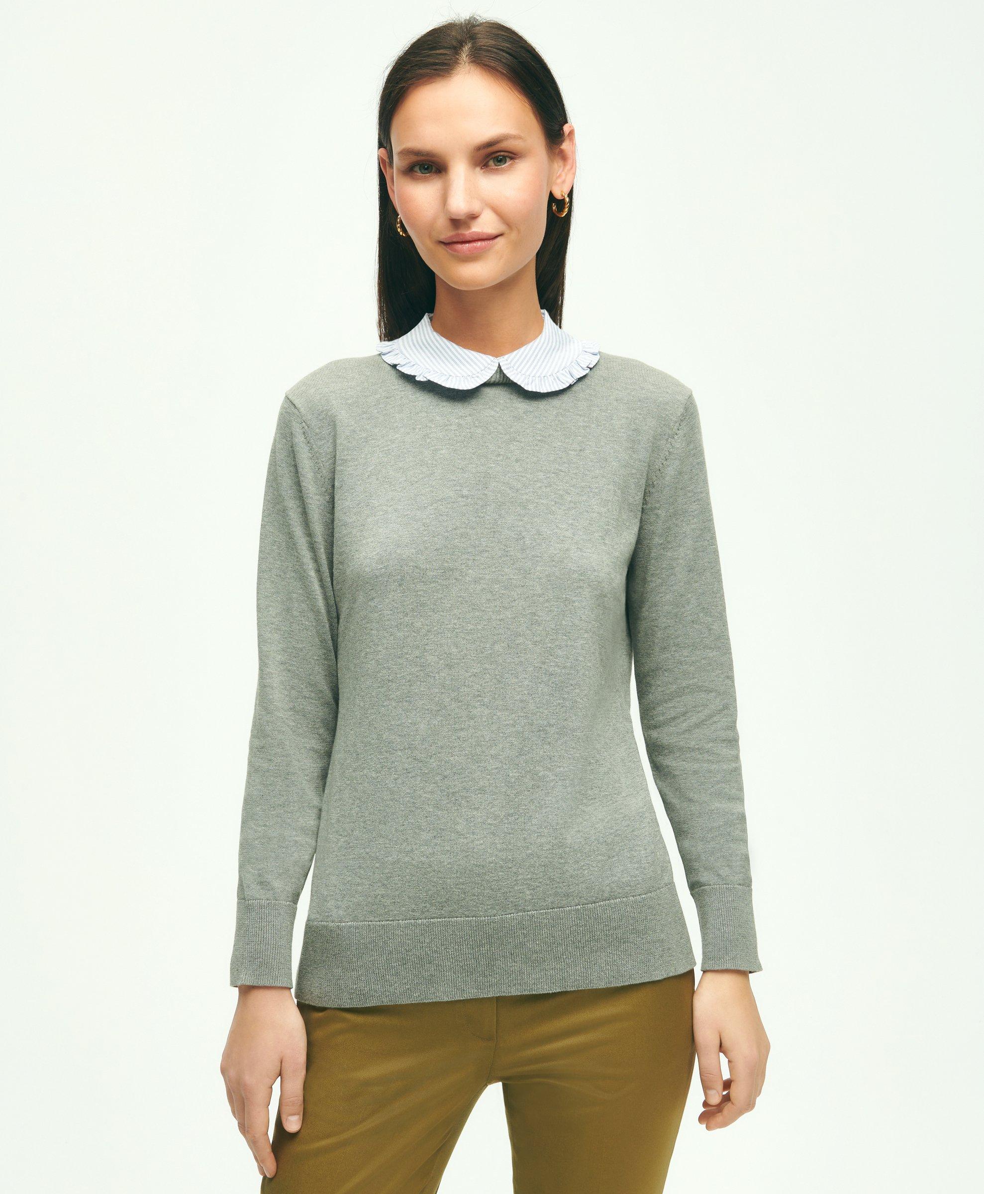 BROOKS BROTHERS COTTON REMOVABLE COLLAR SWEATER | LIGHT GREY HEATHER | SIZE XS 